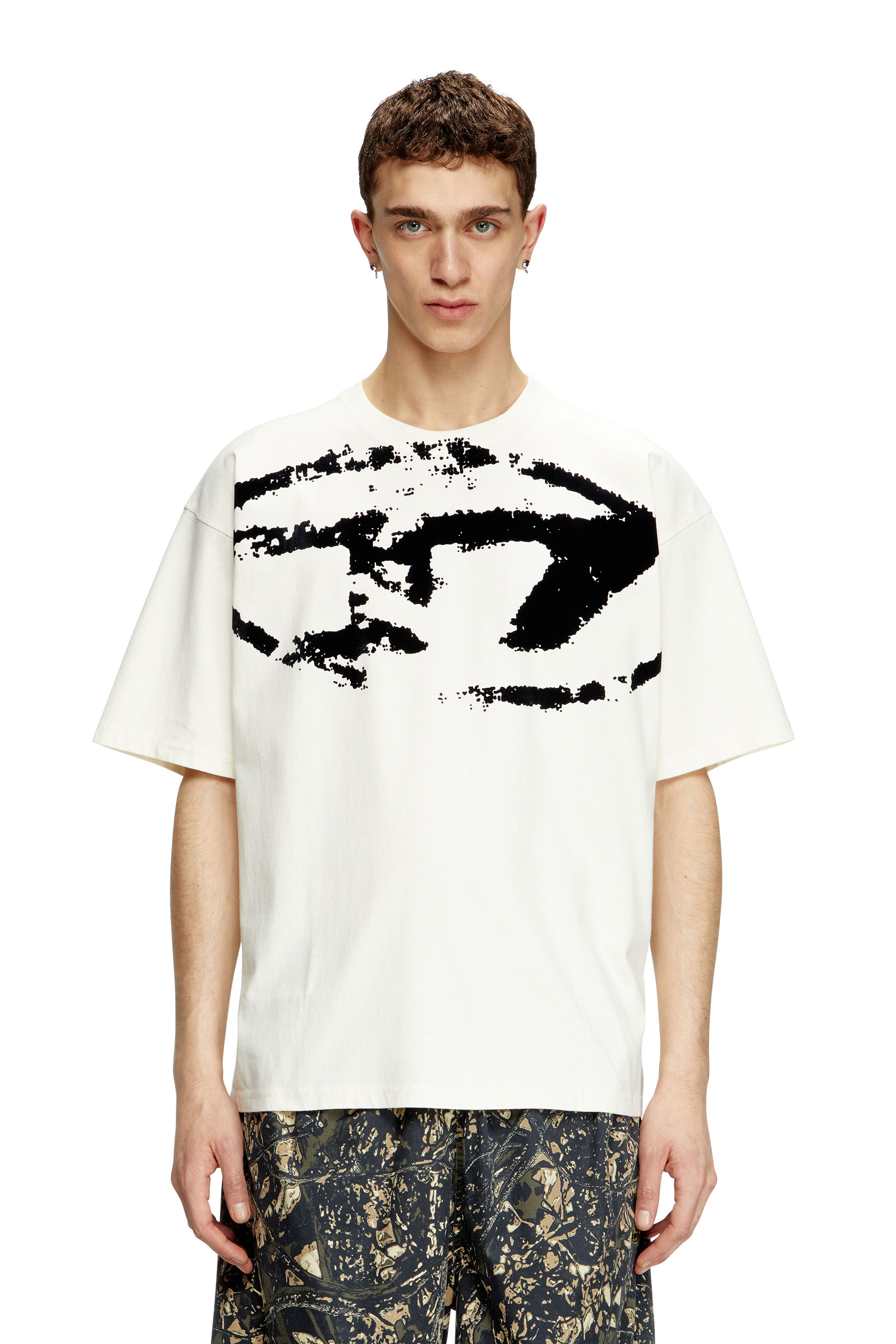 Diesel - T-BOXT-N14, Man's T-shirt with distressed flocked logo in White/Black - 3