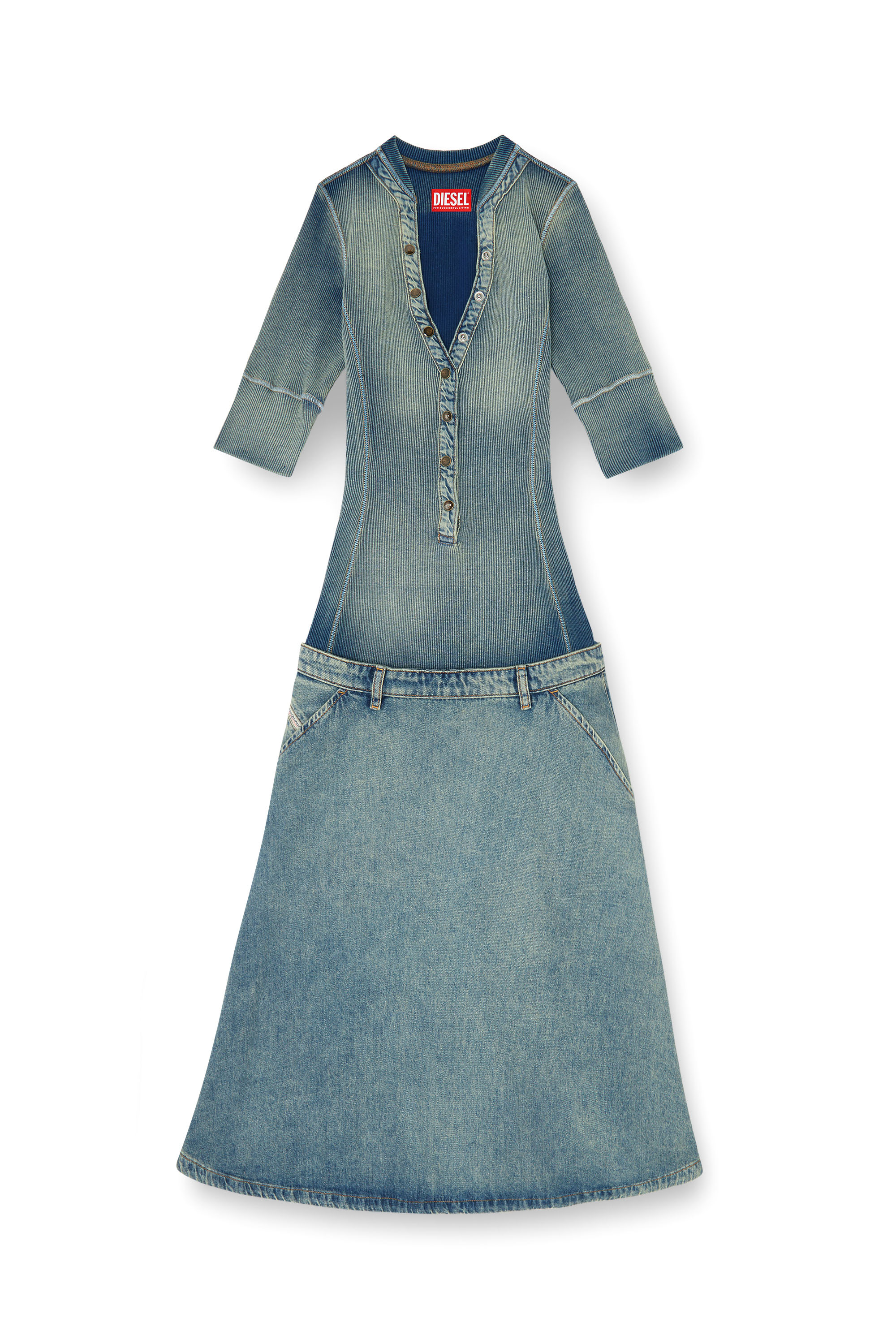 Diesel - DE-ANIM-S, Woman's Drop-waist midi dress in knit and denim in null - 1