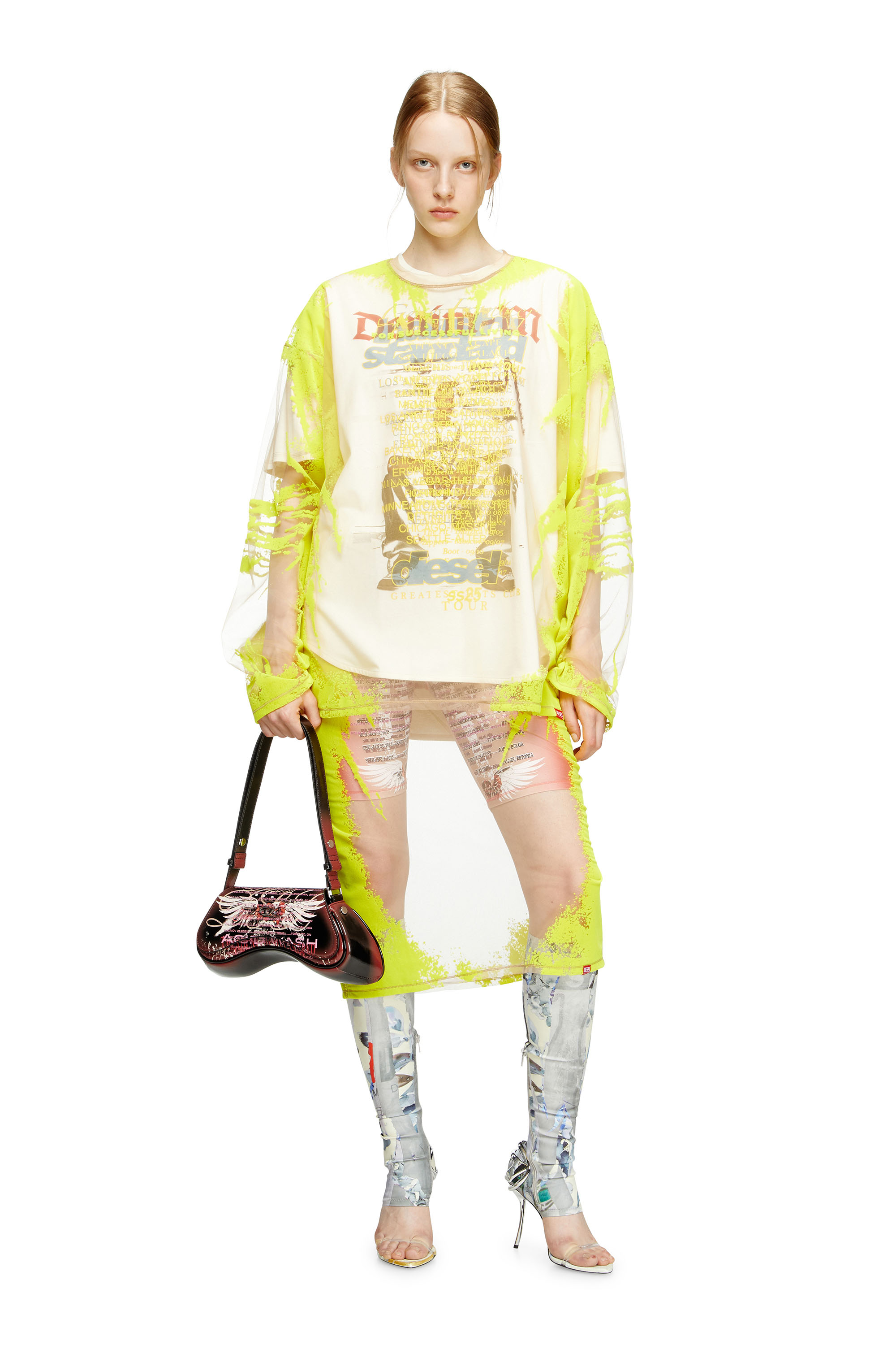 O-LYAC, Yellow/Pink Diesel - O-LYAC, Woman's Layered midi skirt with lyrics print in Yellow/Pink - 1