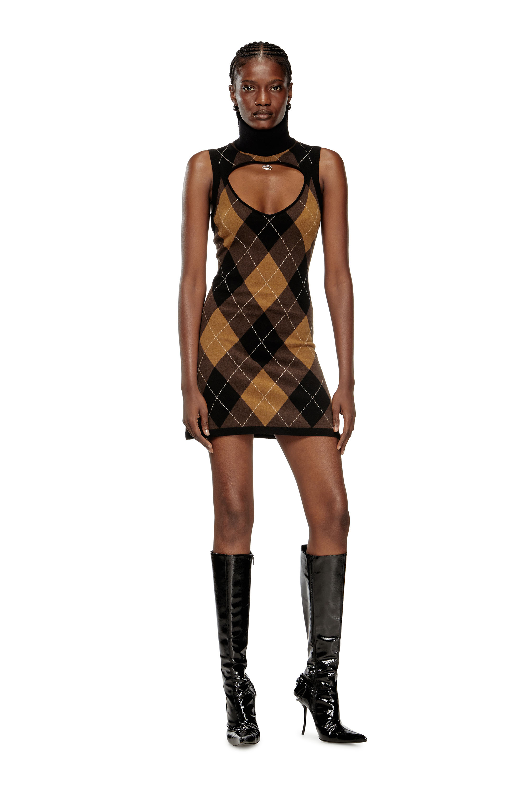 Diesel - M-ROMKO-DRESS, Woman's Wool dress with argyle pattern in Black/Brown - 3