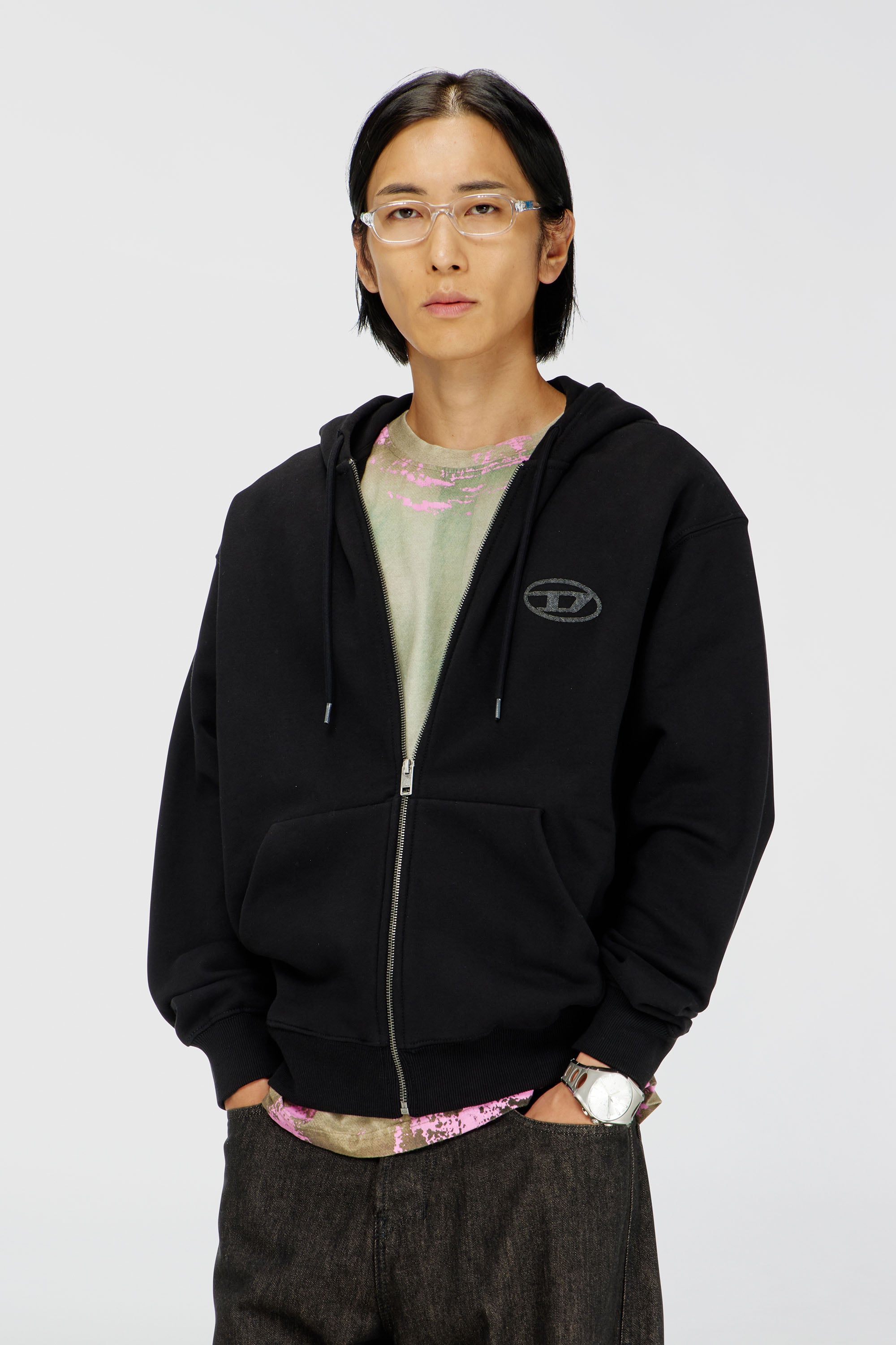Diesel - S-LUK-HZ-T92, Man's Cotton hoodie with tonal Oval D logo embroidery in Black - 1