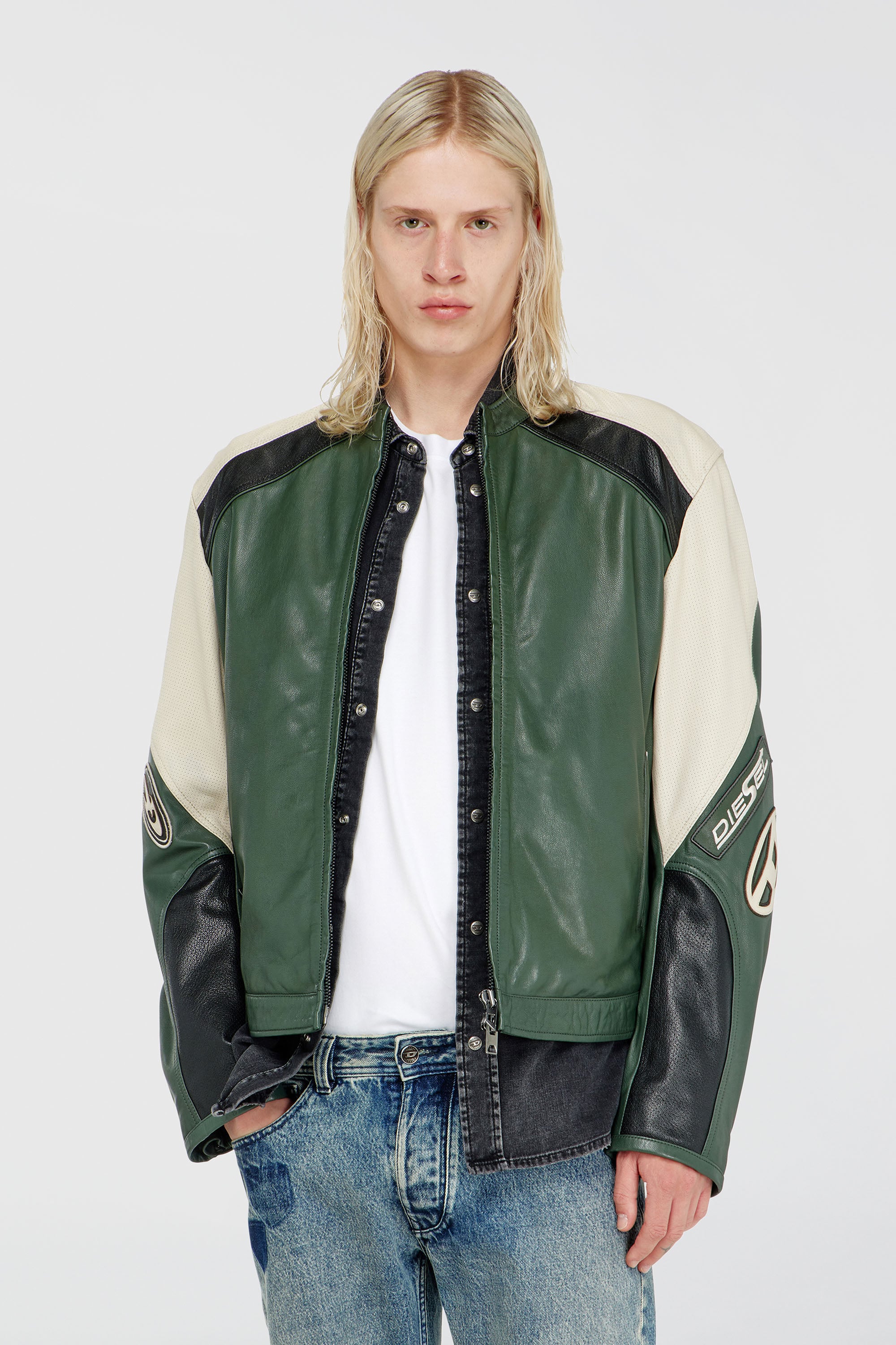 Diesel - L-AHTI, Man's Biker jacket in colour-block perforated leather in Beige/Black - 1