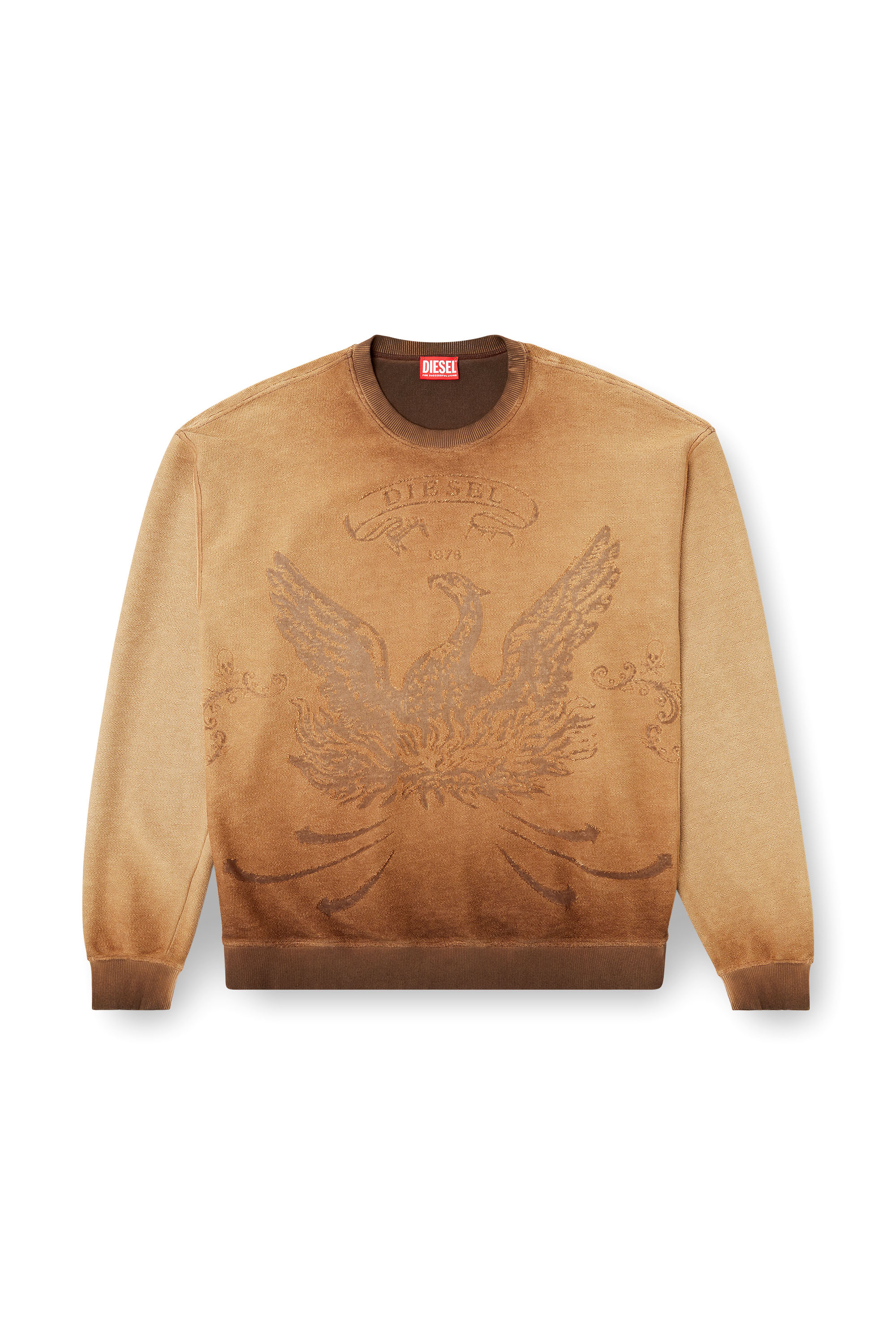 Diesel - S-ARON, Man's Faded sweatshirt with devoré Phoenix logo in Brown - 3