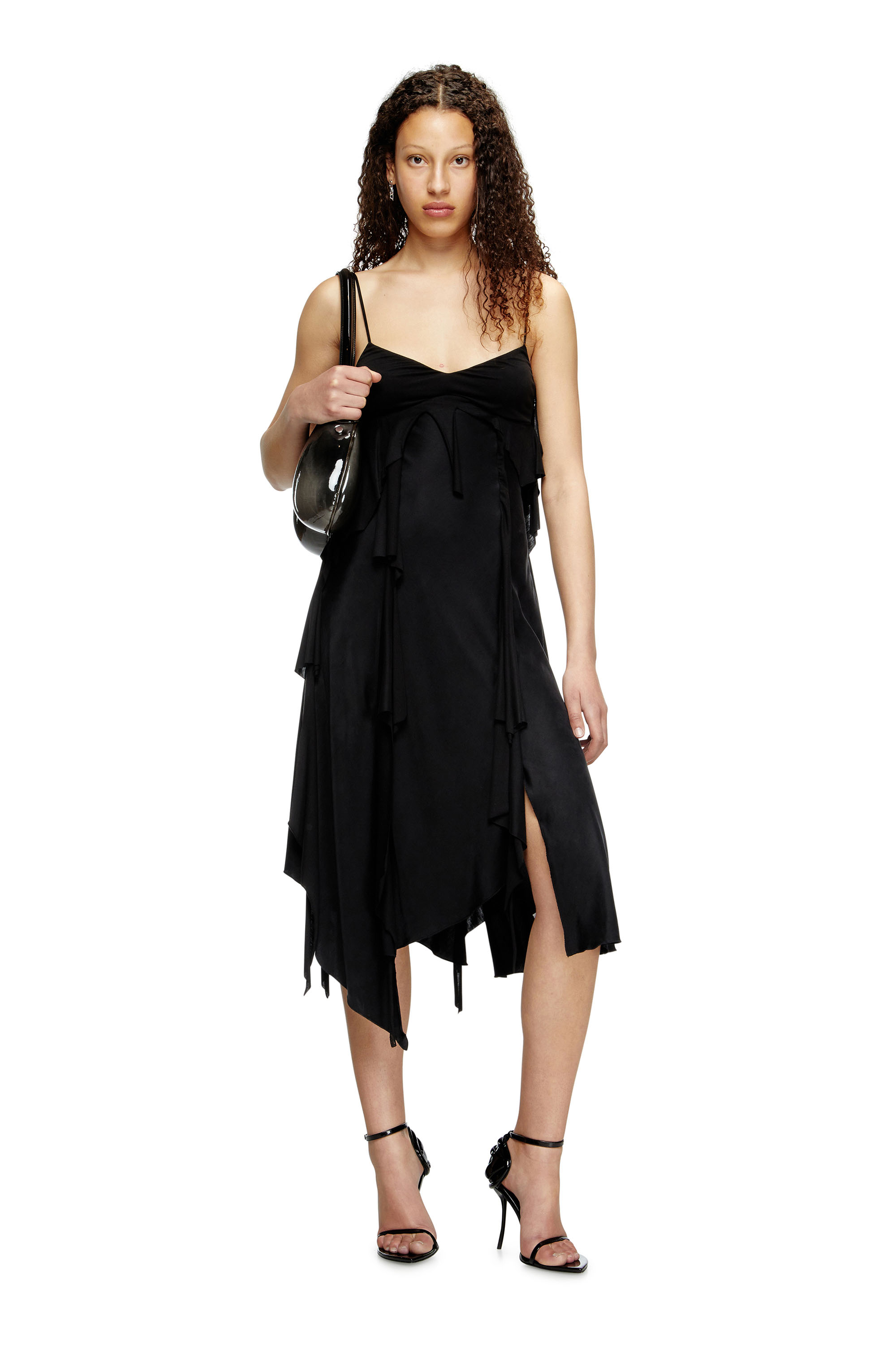 D-ANCER, Black Diesel - D-ANCER, Woman's Satin dress with raw-cut flounces in Black - 1