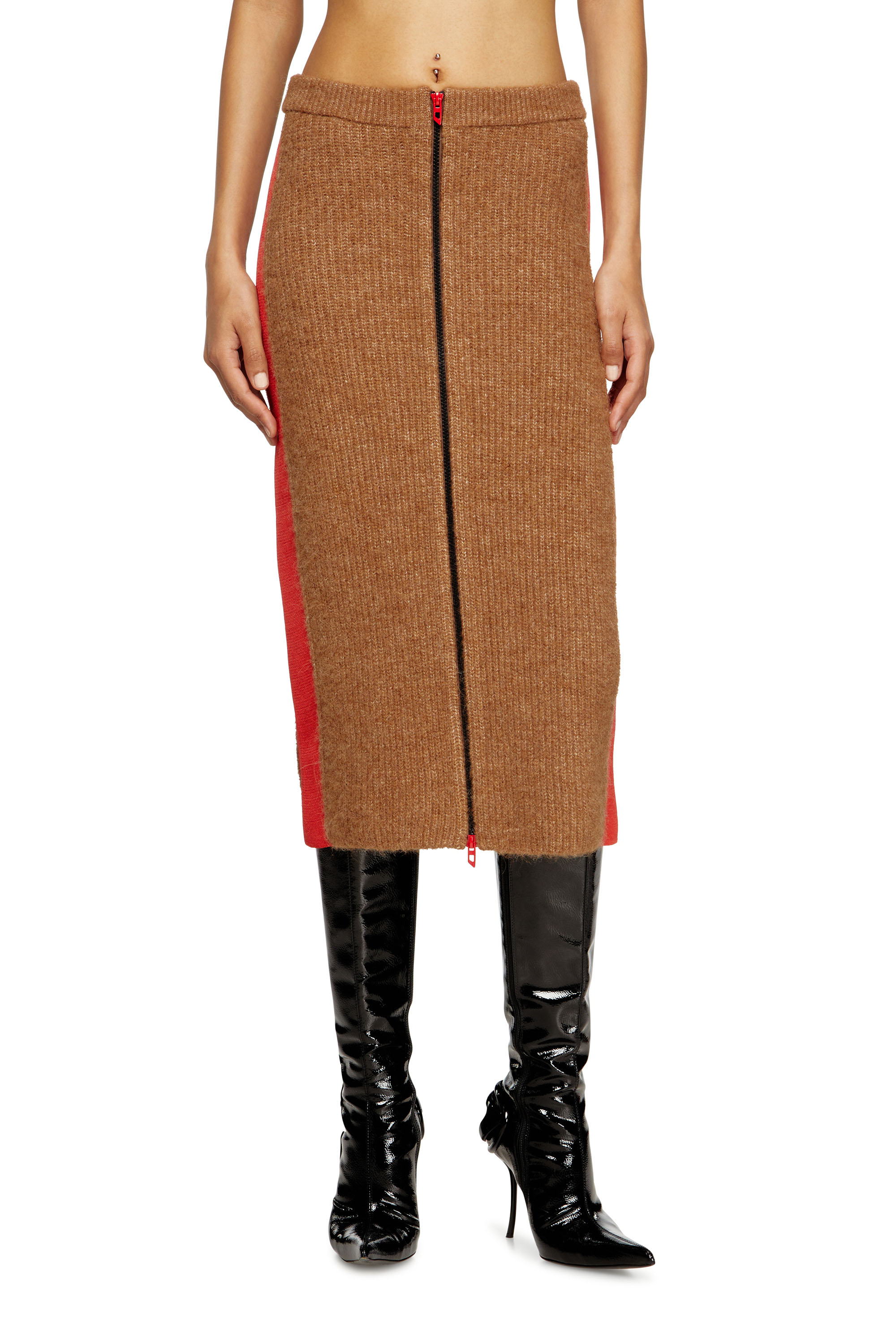 Diesel - M-LOUSI, Woman's Midi skirt in alpaca with front zipper in Brown - 3