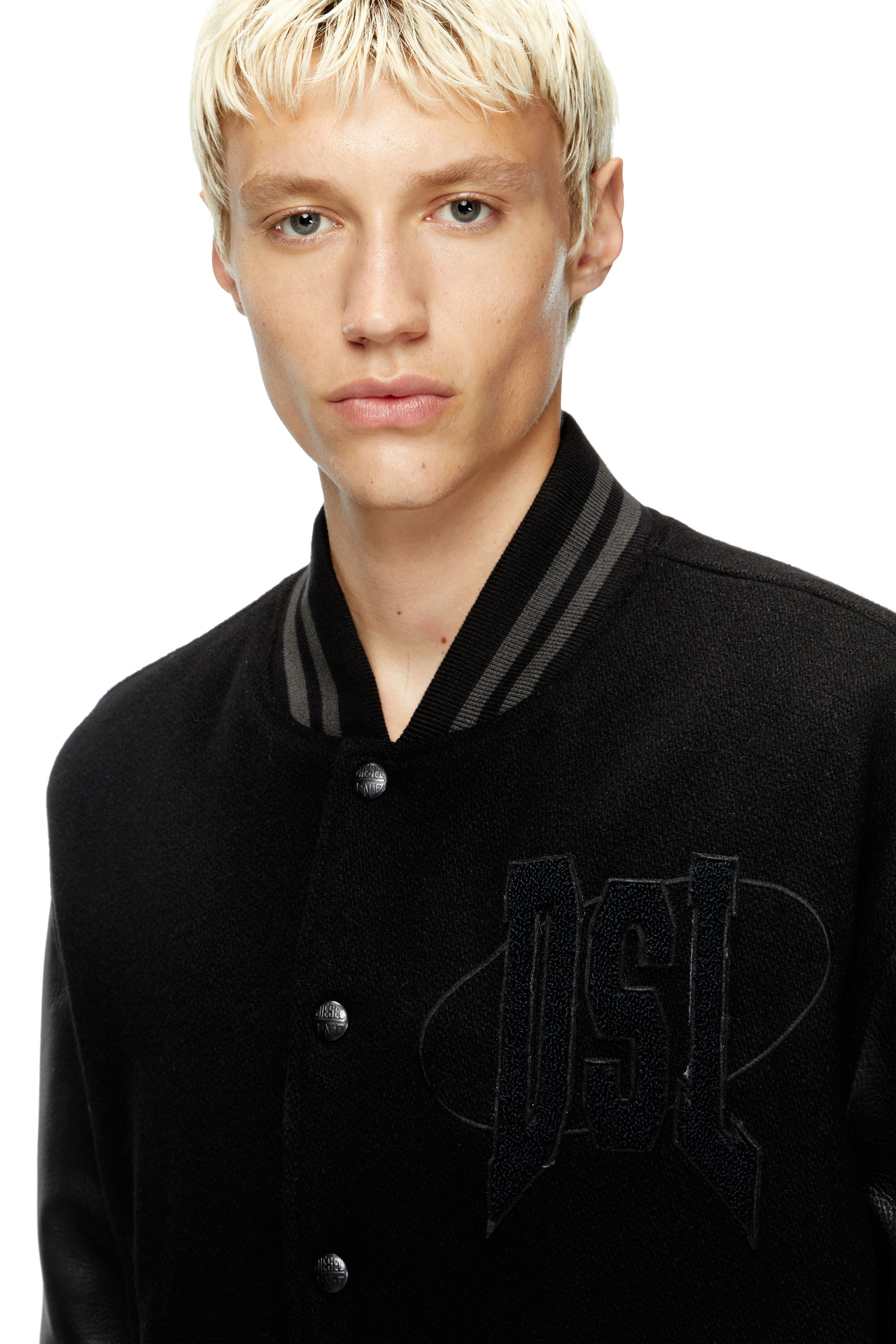 Diesel - L-NYMAN, Man's Varsity bomber jacket in cotton and leather in Black - 5