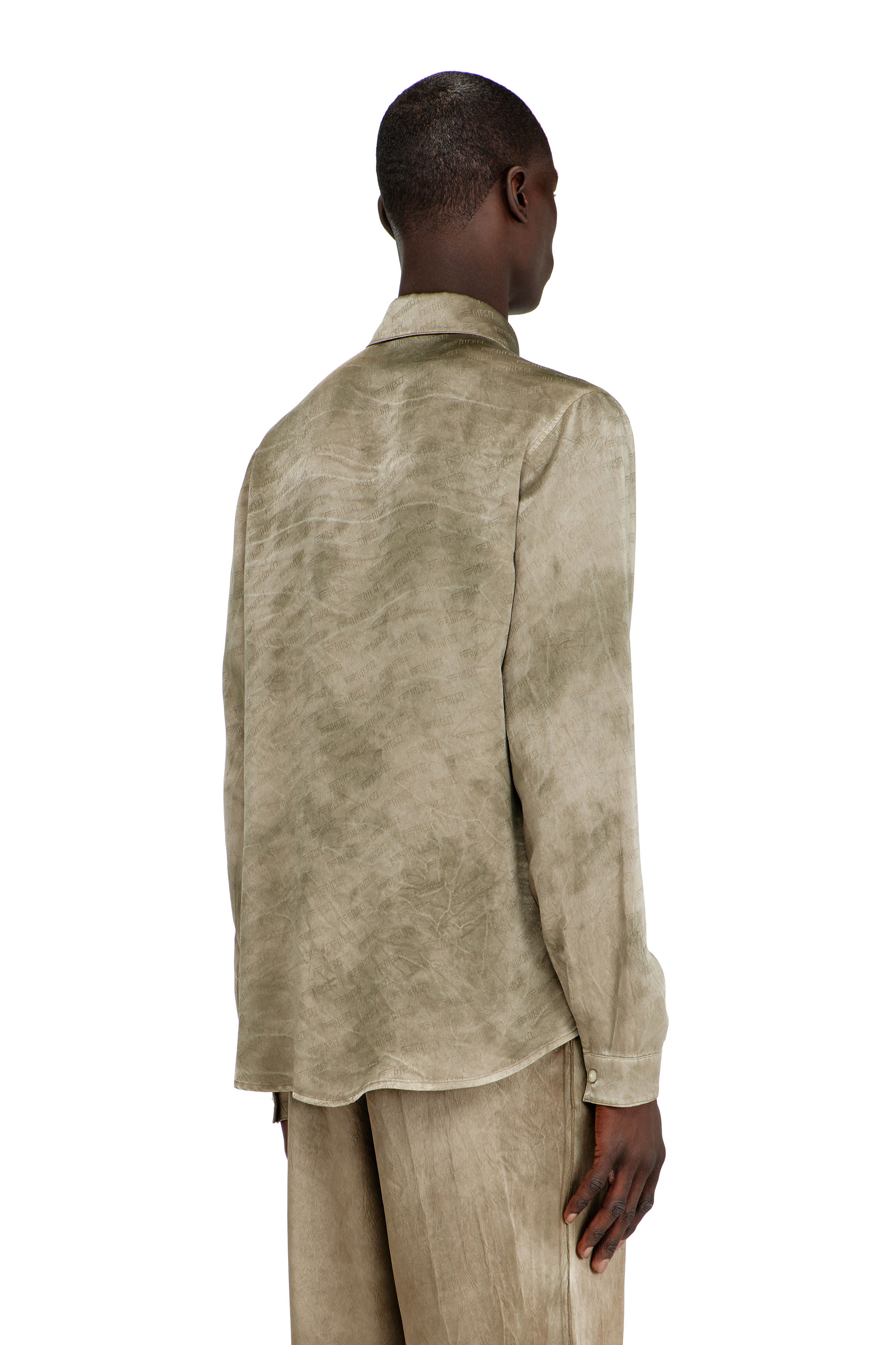 Diesel - S-KISSY-HNBW, Man's Shirt in logo-jacquard crinkled satin in Light Brown - 4