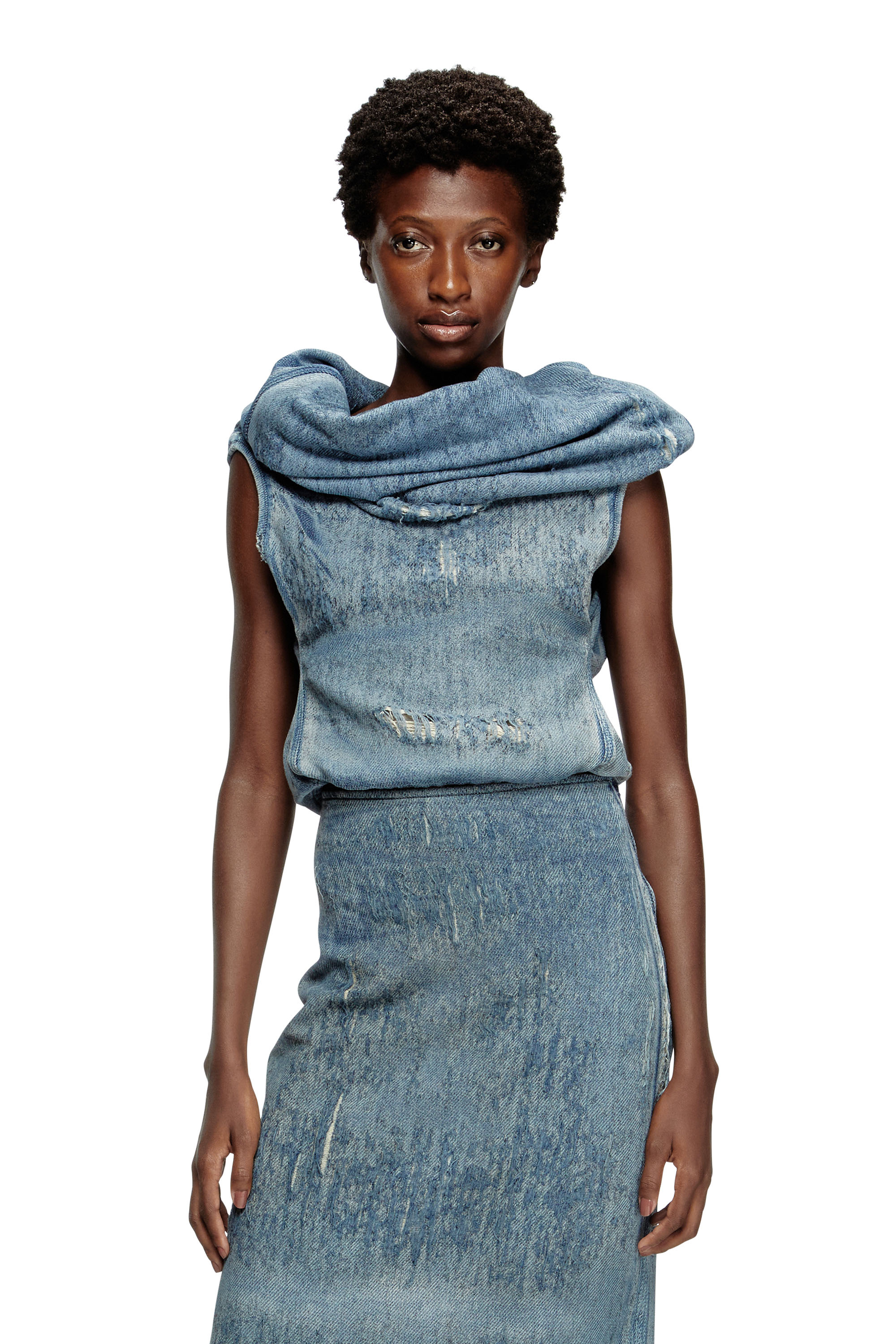 Diesel - DE-VANIA-FSG, Woman's Top in ultra-destroyed jacquard denim in Medium blue - 3