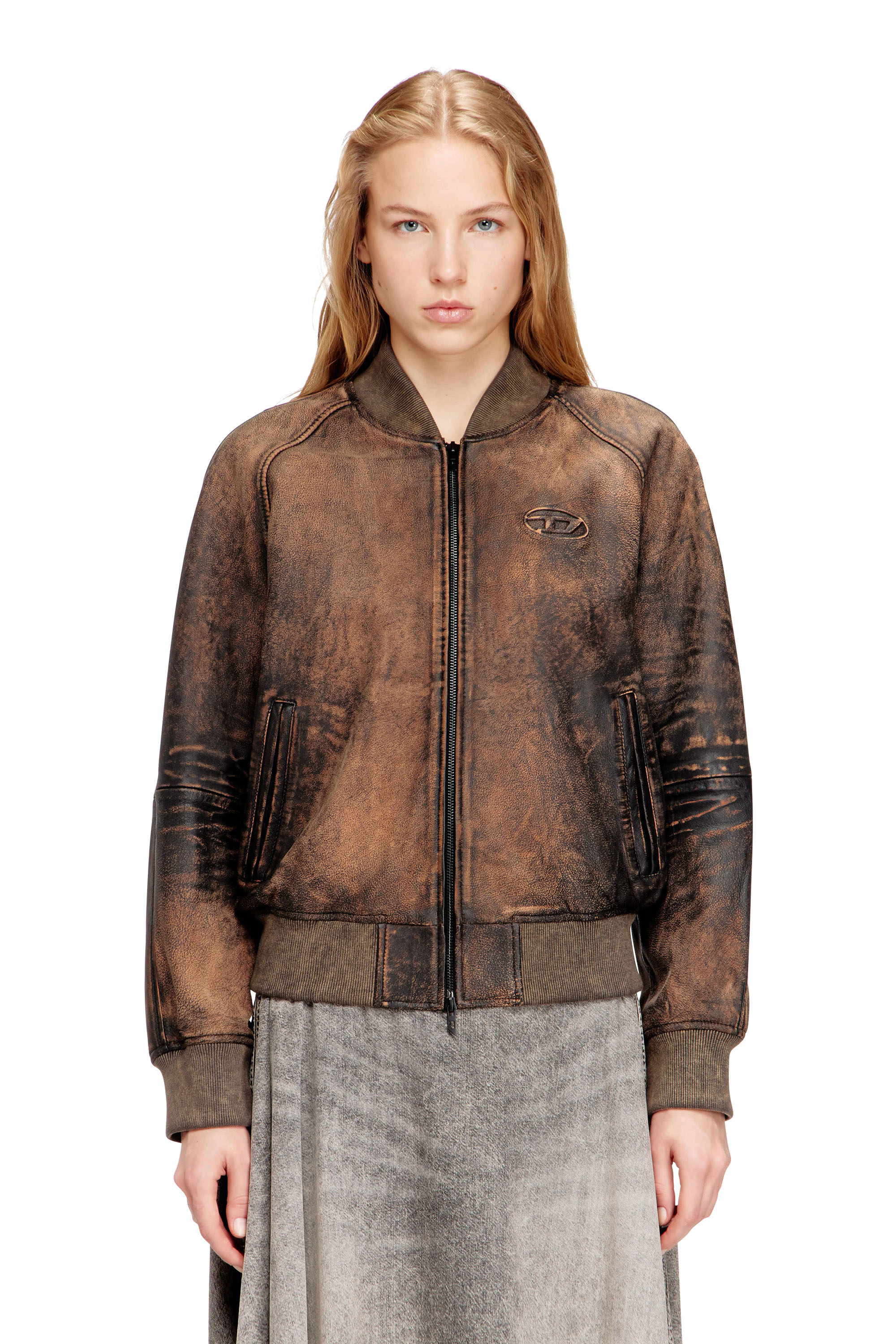 Diesel - L-COBB-FEM, Woman's Bomber jacket in distressed leather in Brown - 1