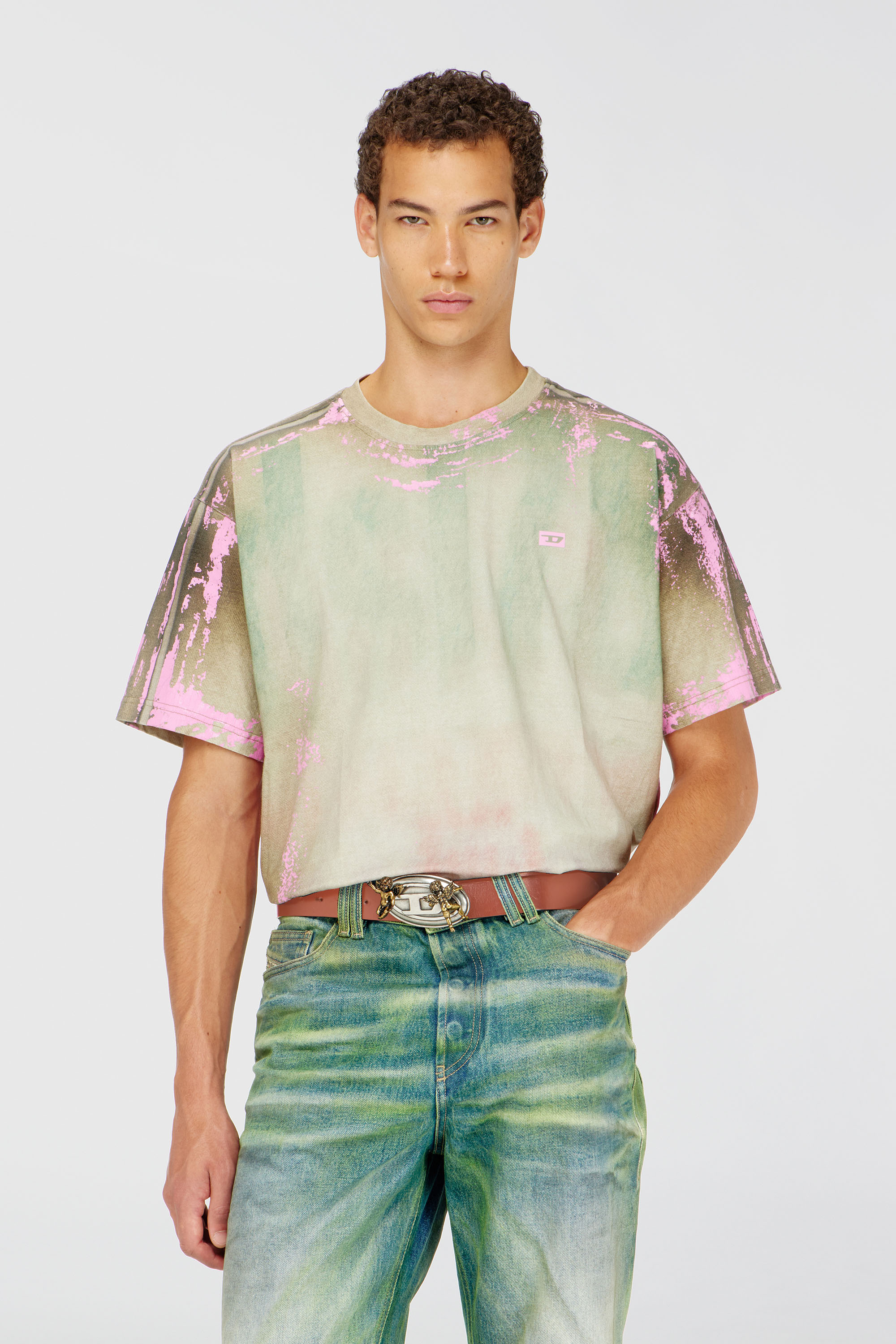 Diesel - T-FILMY-SHO, Man's T-shirt in cracked leather-effect jersey in Pink/Green - 1