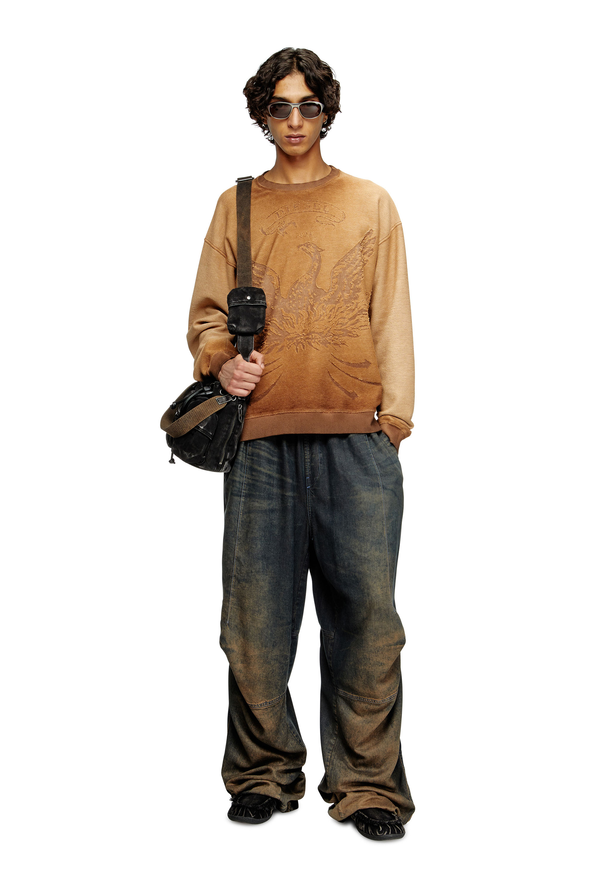 Diesel - S-ARON, Man's Faded sweatshirt with devoré Phoenix logo in Brown - 2