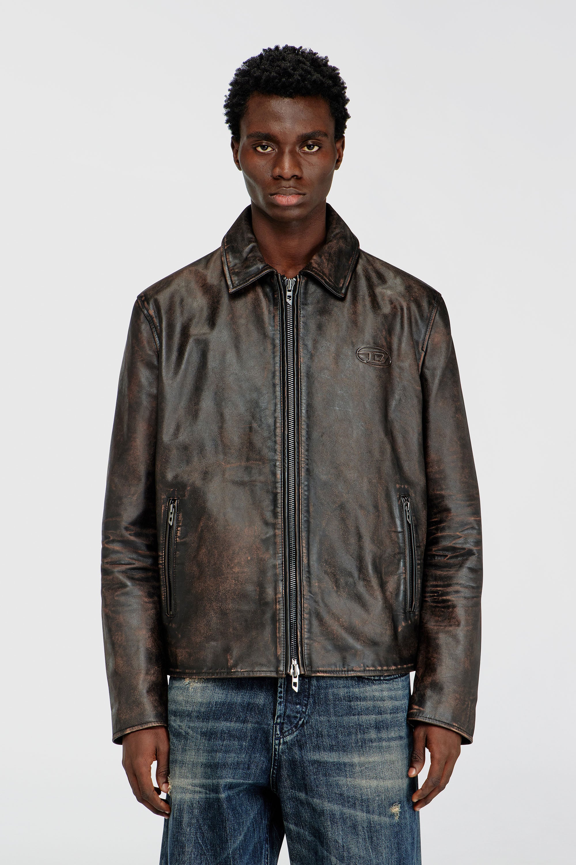 Diesel - L-AMAR-WRD, Man's Coach jacket in treated leather in Brown - 1