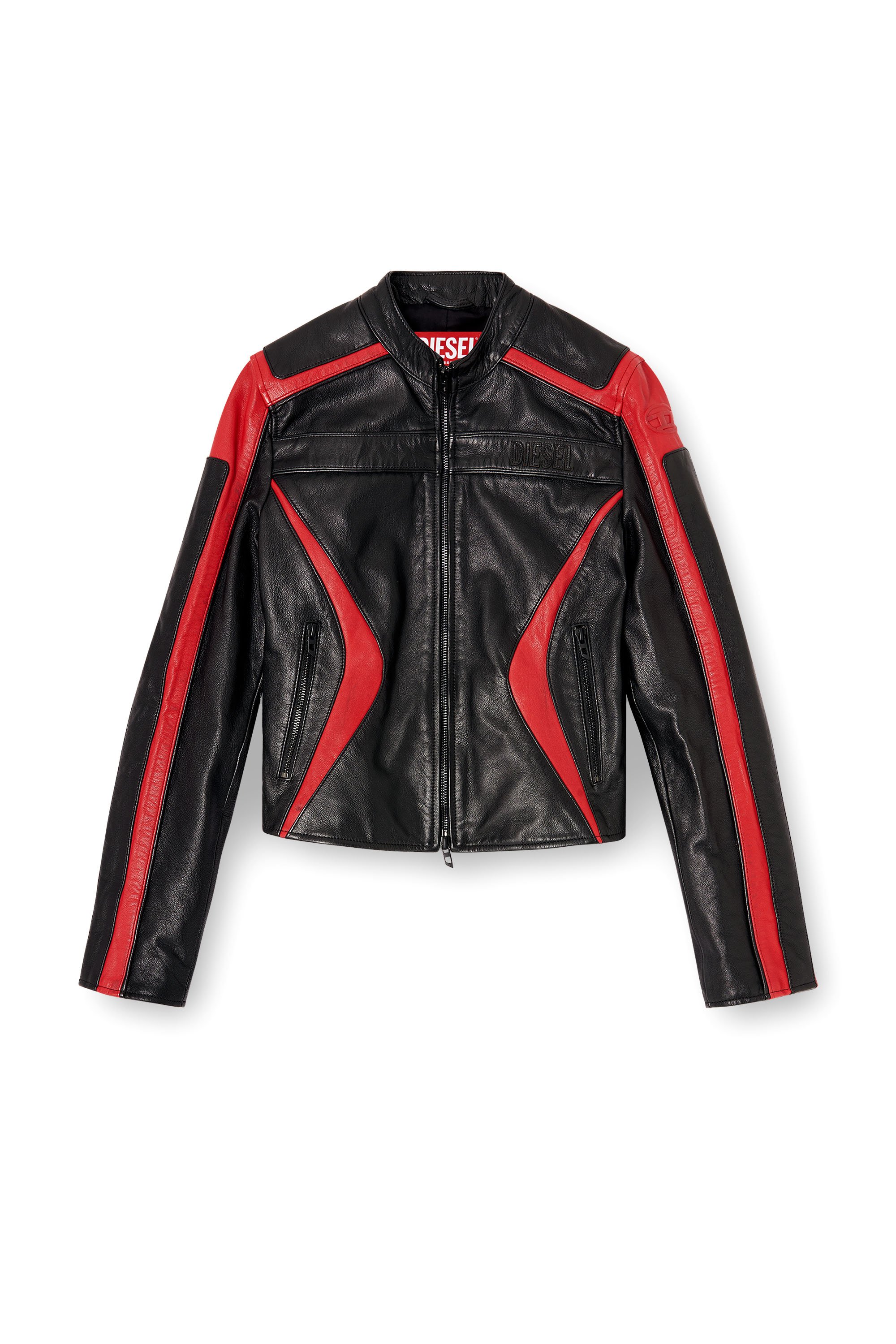 Diesel - L-OVABLE, Woman's Biker jacket in colour-block leather in Black/Red - 3