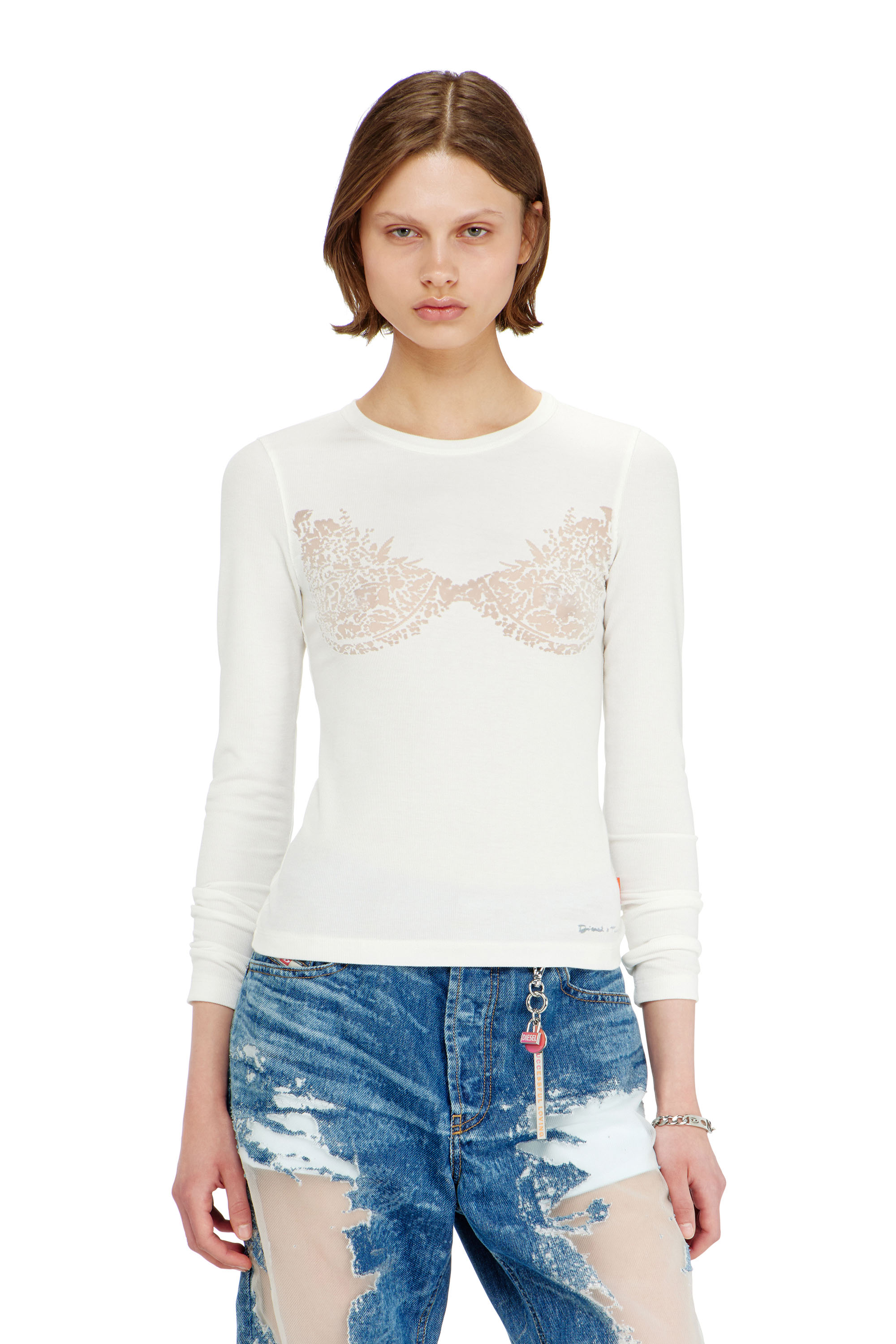 Diesel - PR-T-MOKKI-LS-R, Woman's Top with devor&eacute; lace effect in White - 1