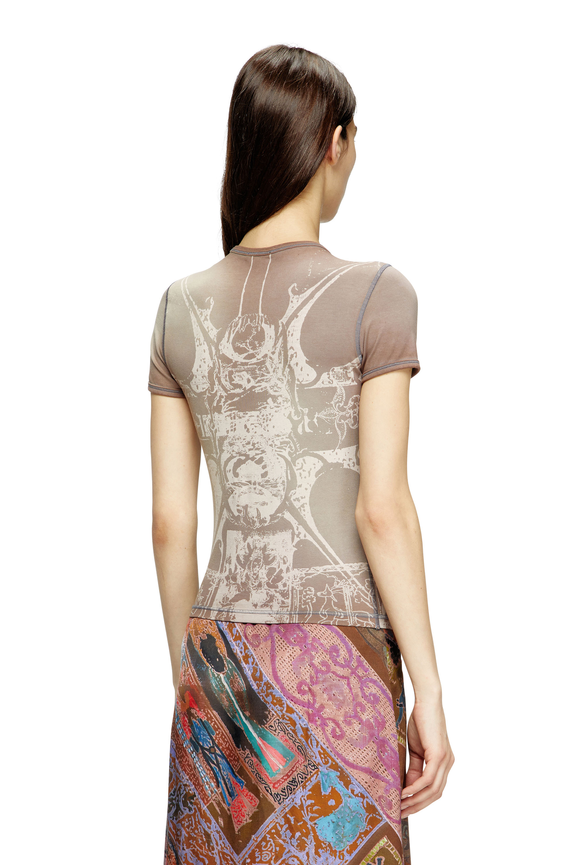 Diesel - T-UNCUTIES-LONG-R6, Woman's T-shirt with foil print in Light Brown - 4