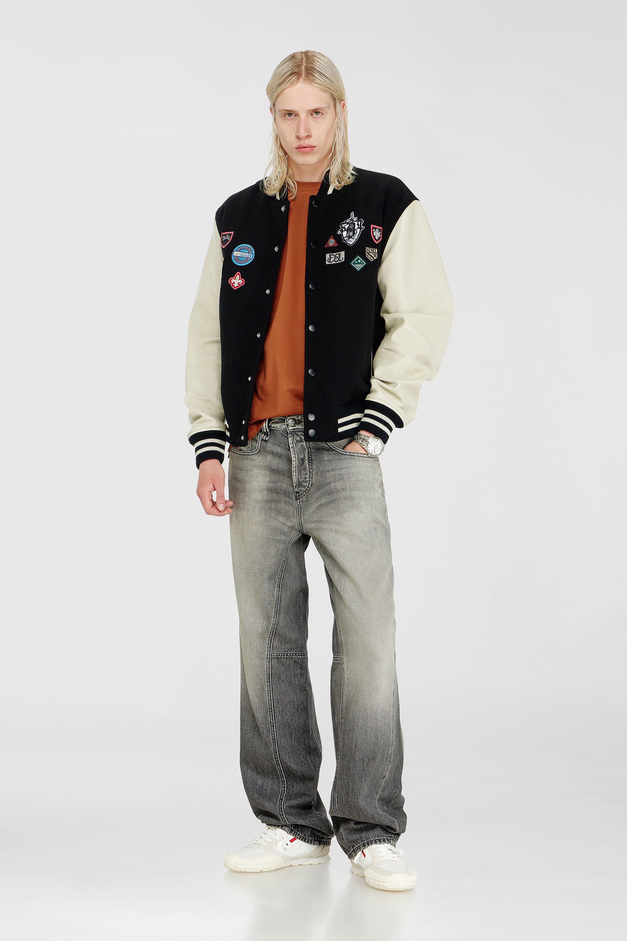 Diesel - L-ARRY-PATCH, Man's Wool and leather bomber jacket with patches in White/Black - 2