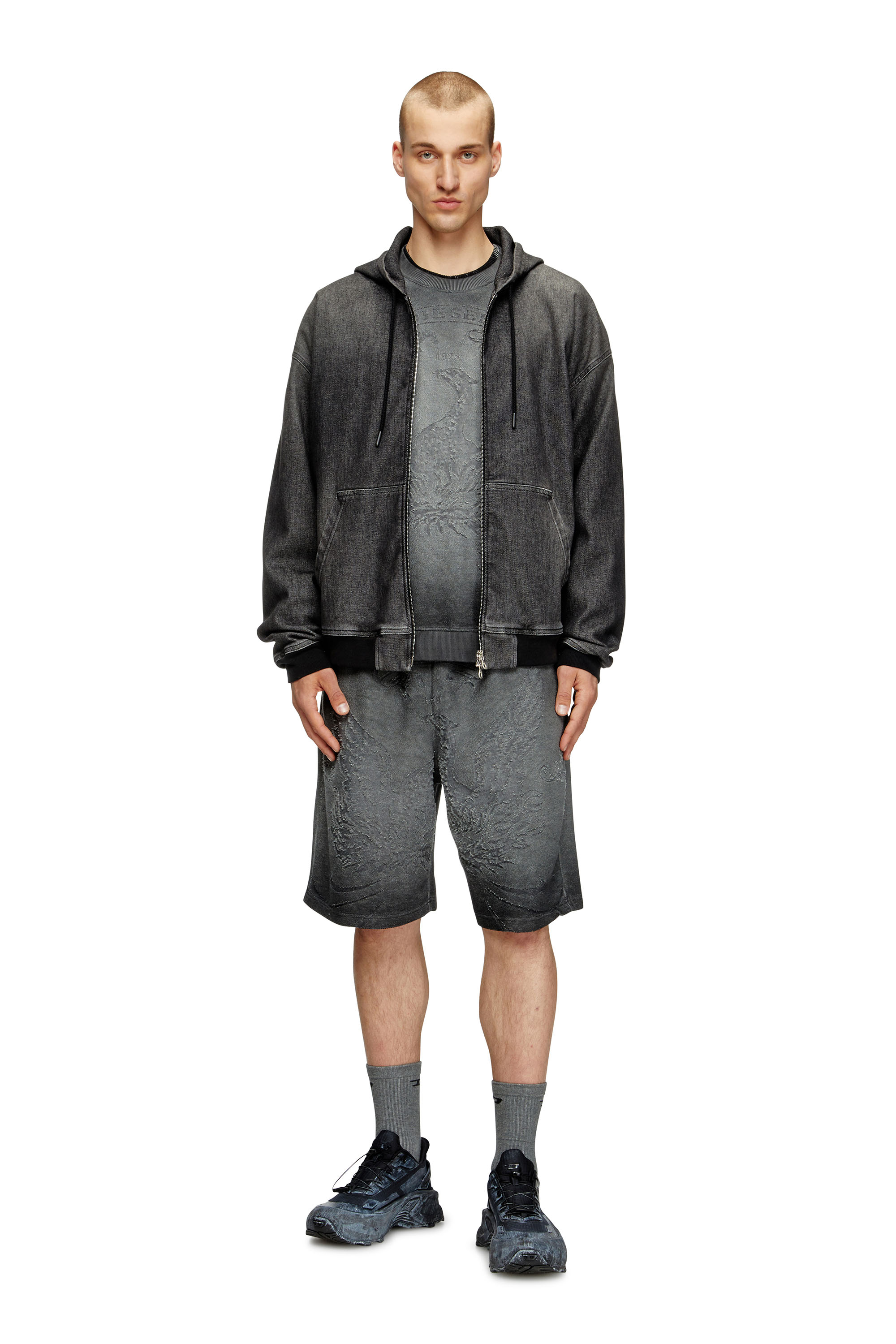 Diesel - P-CROWDE, Man's Sweat shorts with phoenix devoré in Dark grey - 1