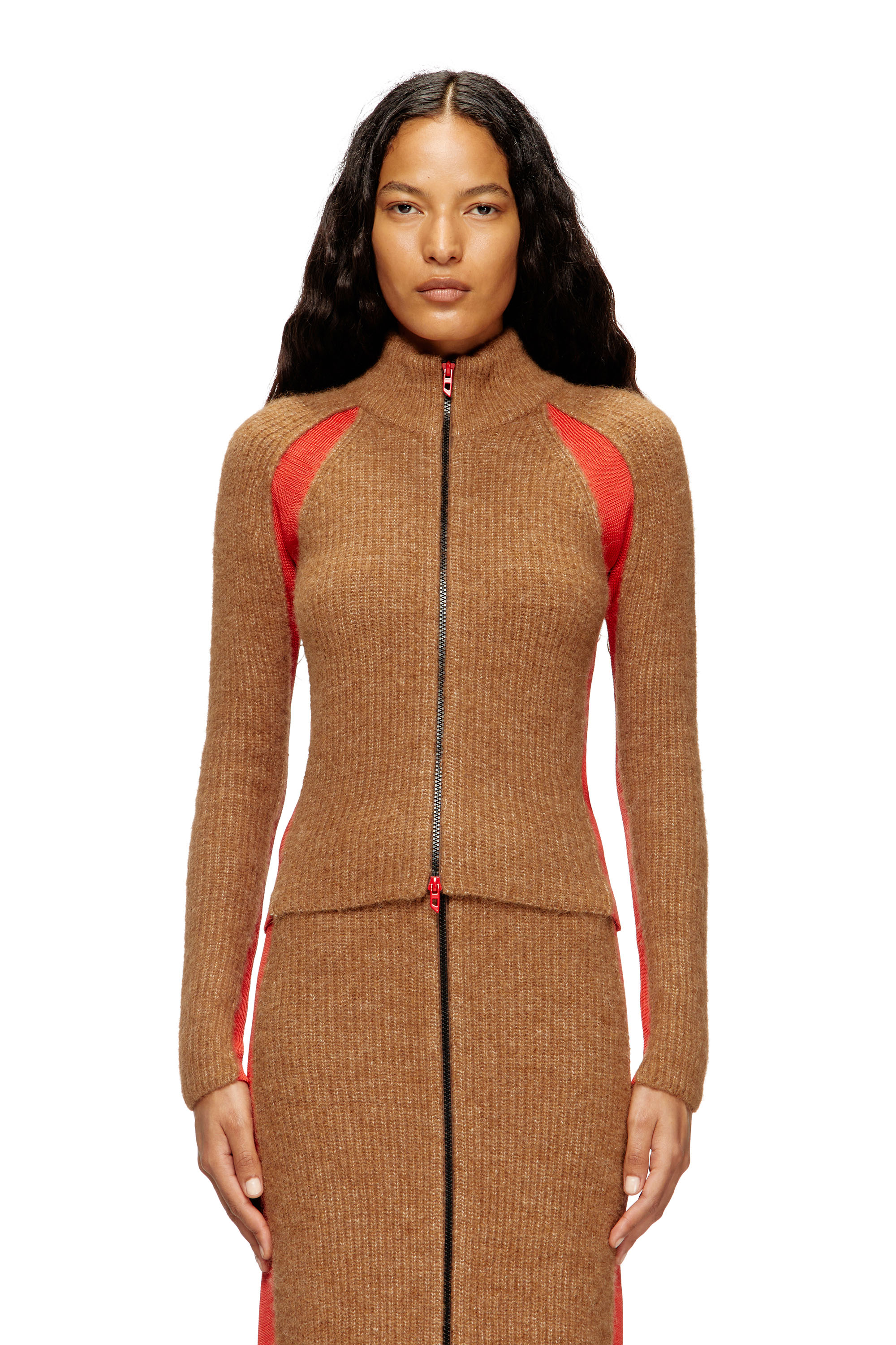Diesel - M-LOUISE, Woman's Alpaca-blend cardigan with contrast inserts in Brown - 1