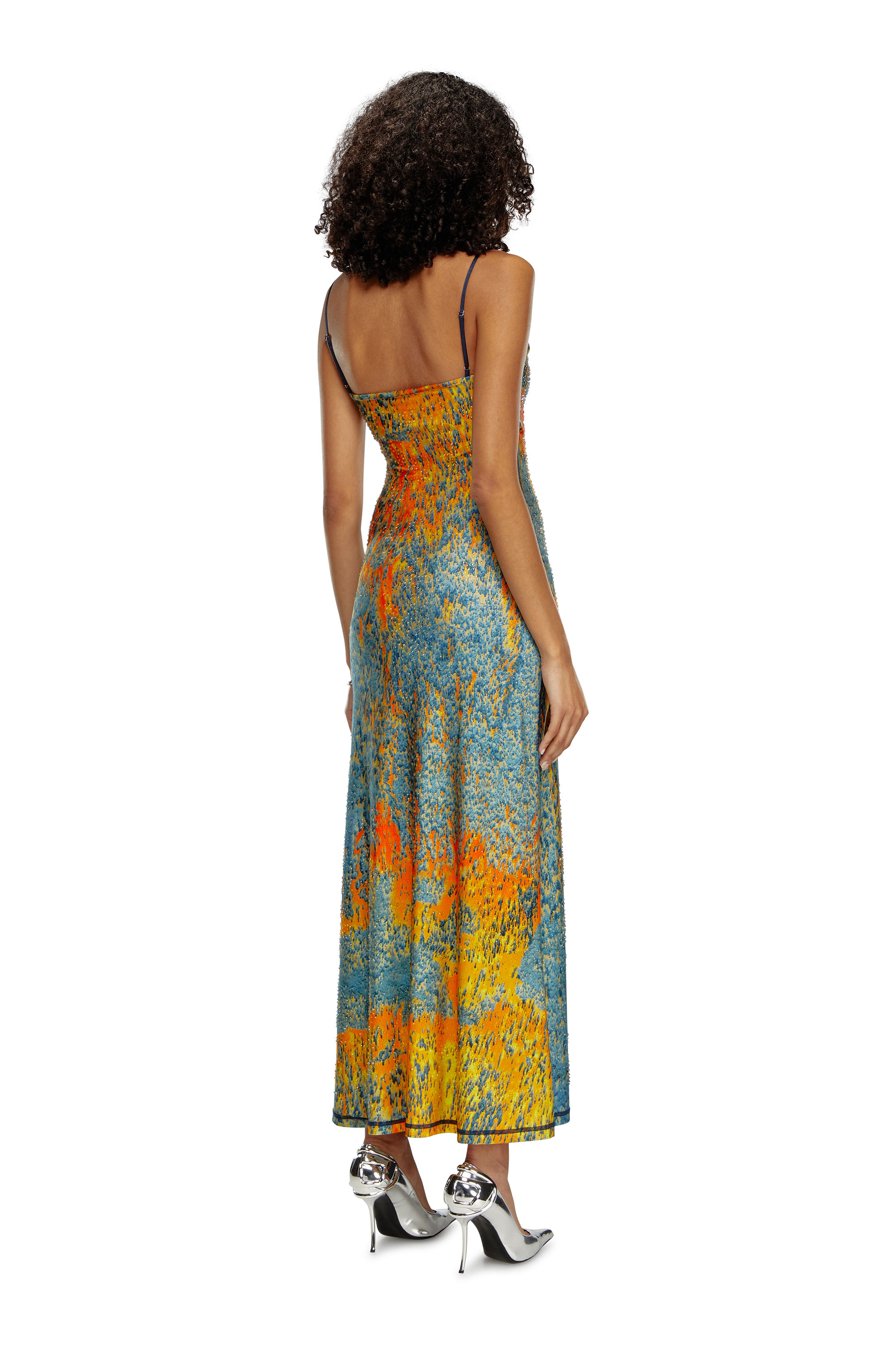 Diesel - D-AMOUR, Woman's Long printed dress with clear crystals in Blue/Orange - 4