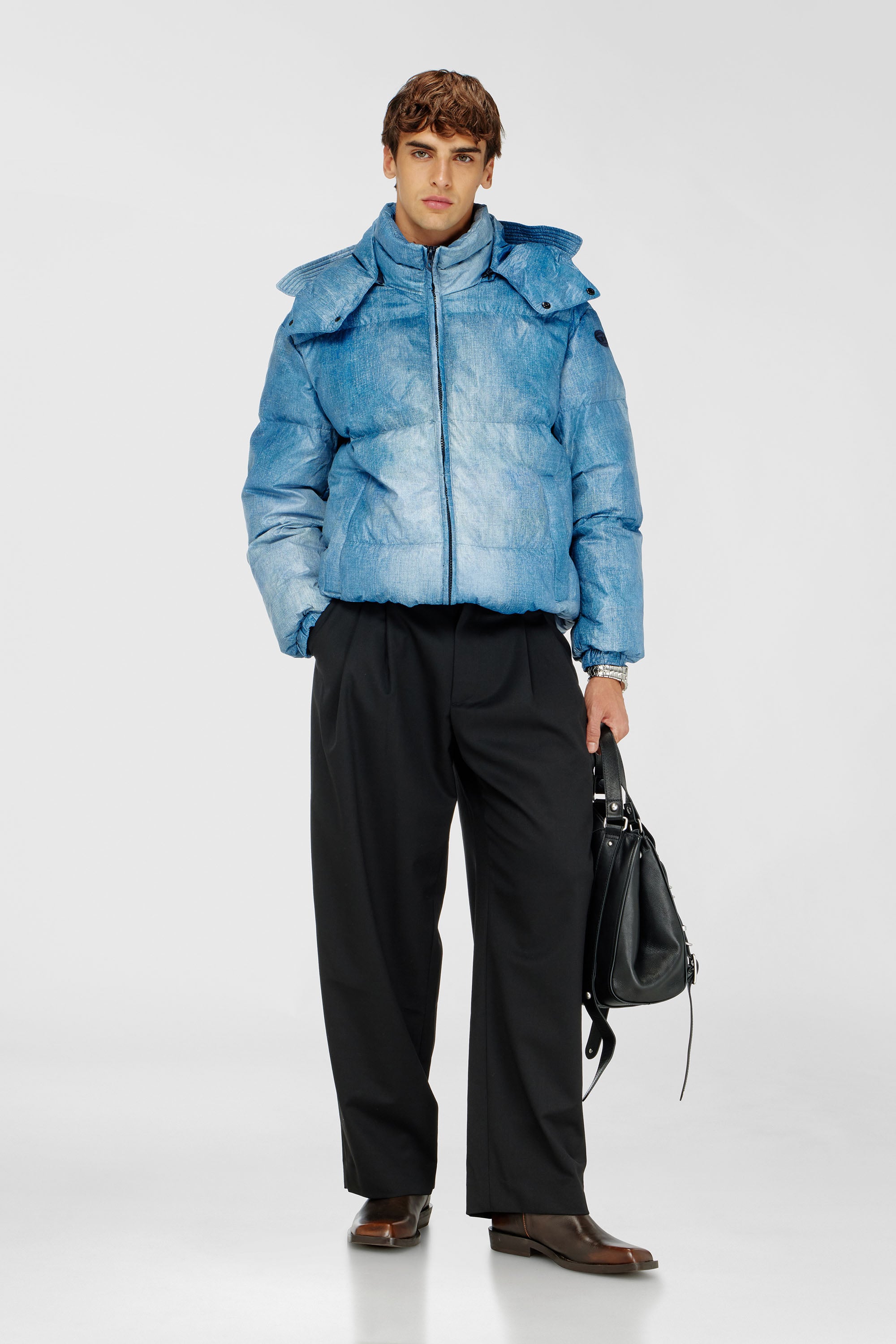 Hooded down jacket with denim-effect print