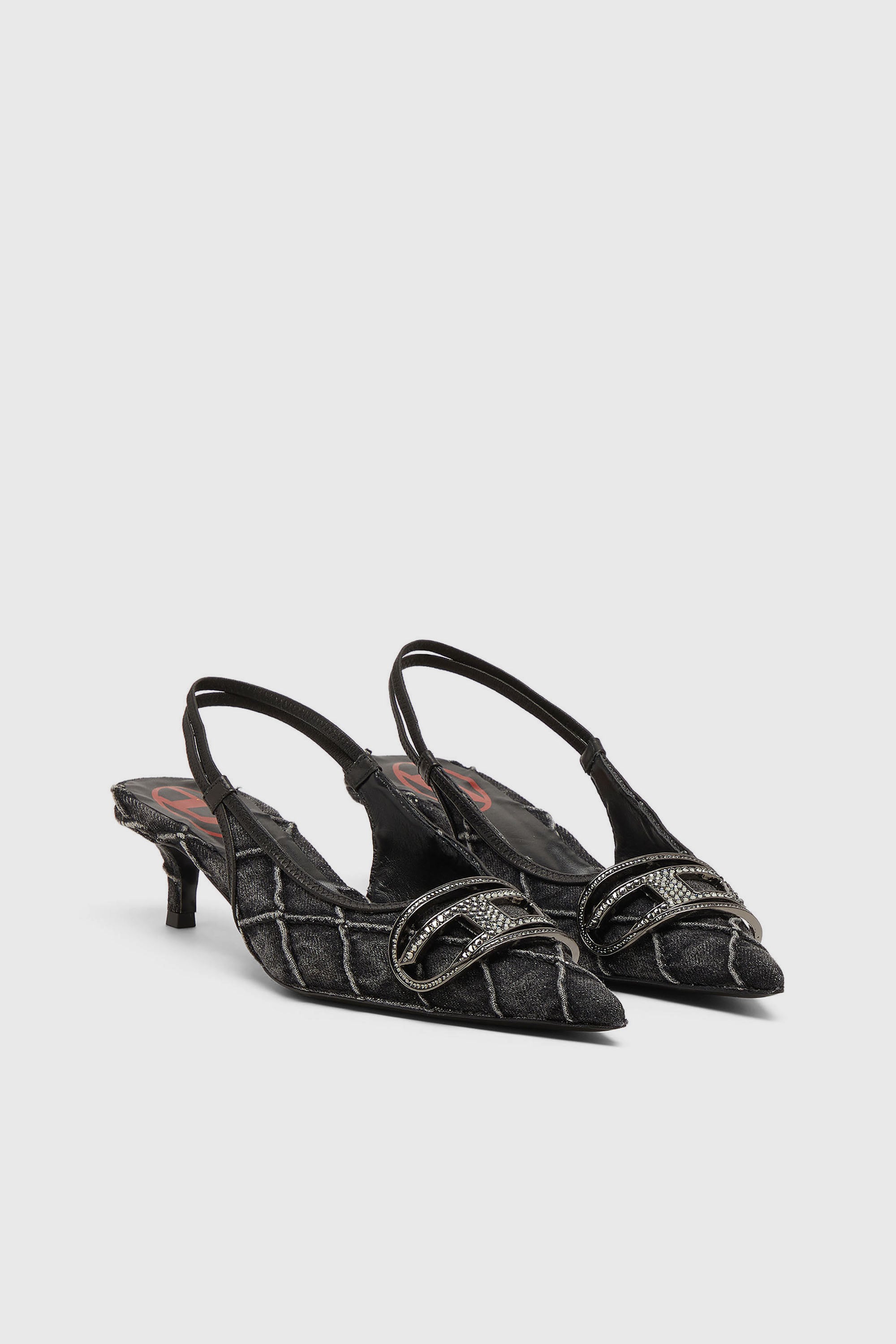 Diesel - D-VENUS SB 40, Woman's D-Venus-Crystal-logo quilted-denim slingback pumps in Black - 2