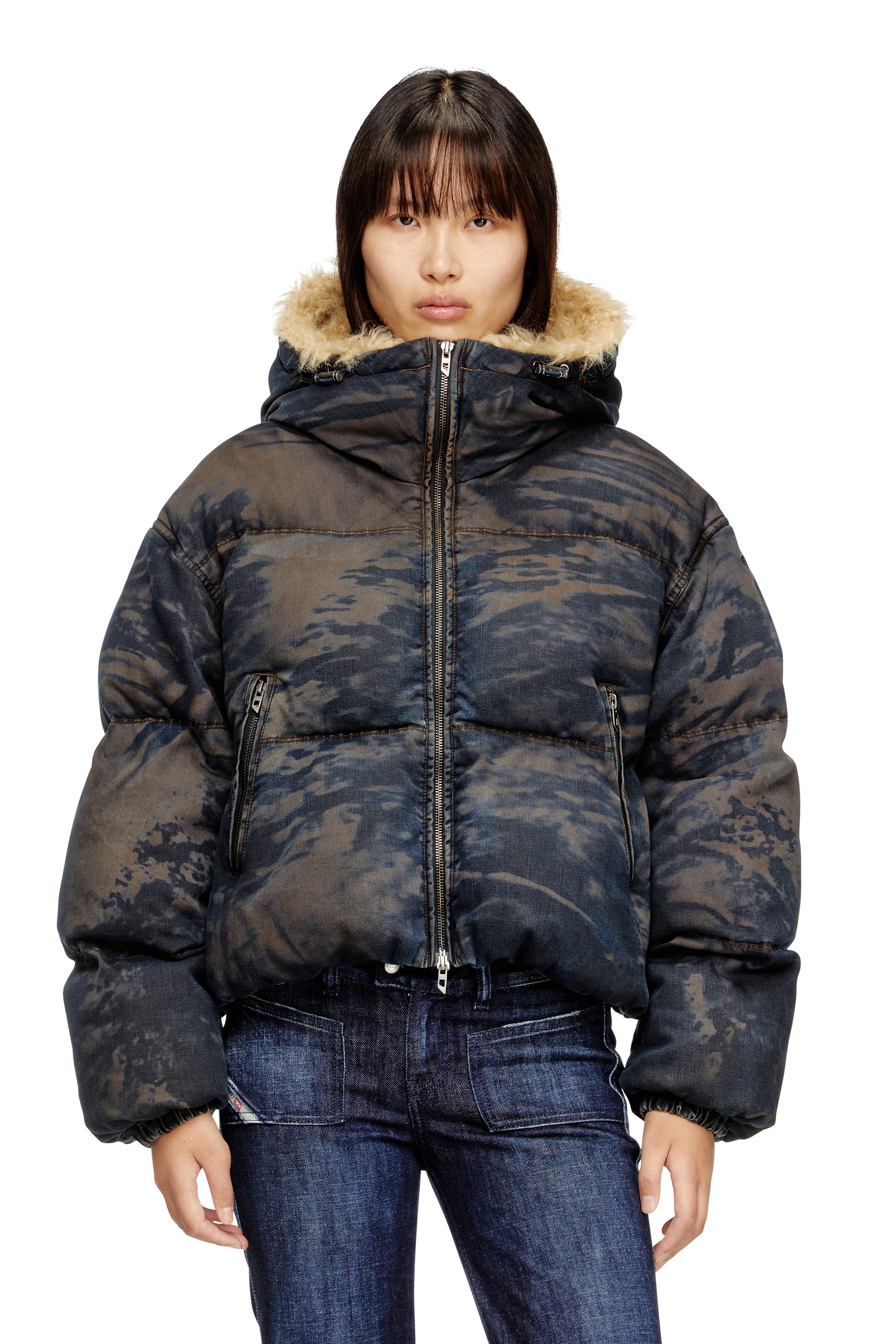 Diesel - W-AVES-FUR, Woman's Hooded puffer jacket in dirt-effect camo denim in Black/Brown - 1