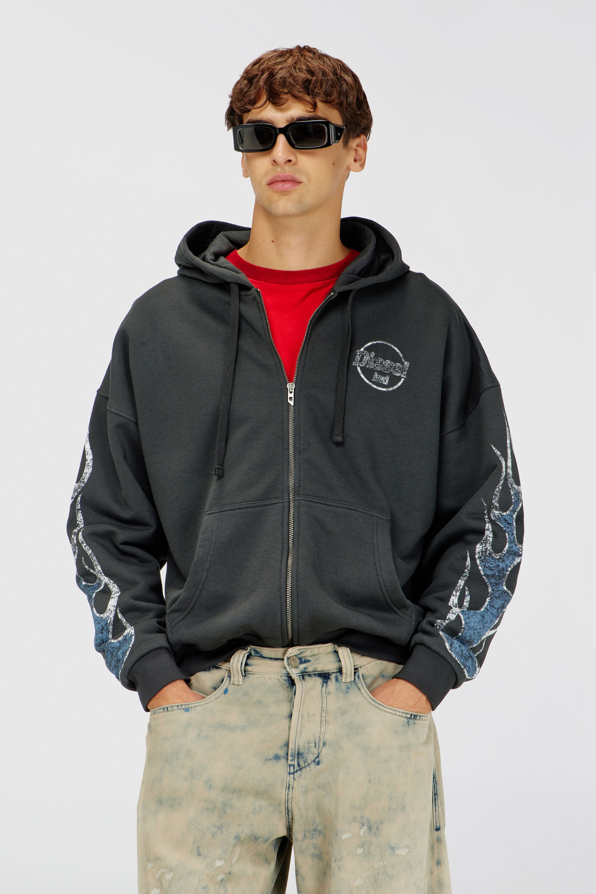 Diesel - S-TOLY-ZIP, Man's Zip-up hoodie with crack print in Dark grey - 1