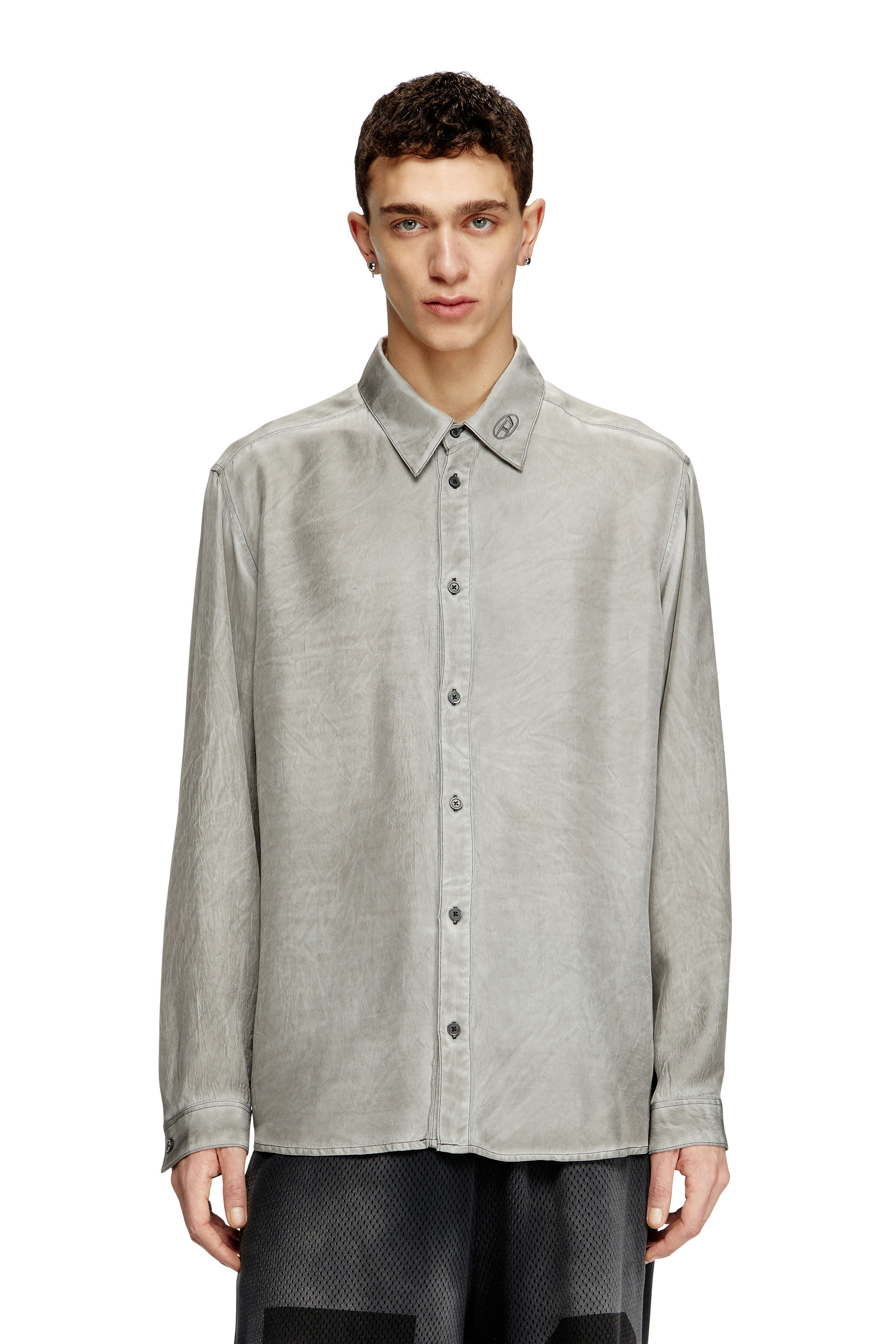 Diesel - S-LEON, Unisex's Fluid crinkled shirt with logo collar in Grey - 2