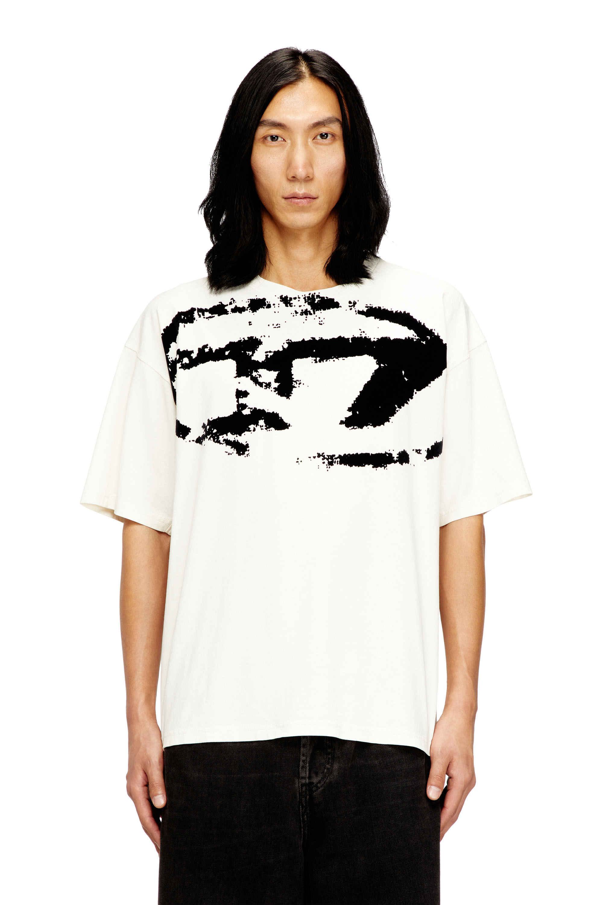Diesel - T-BOXT-N14, Man's T-shirt with distressed flocked logo in White/Black - 1