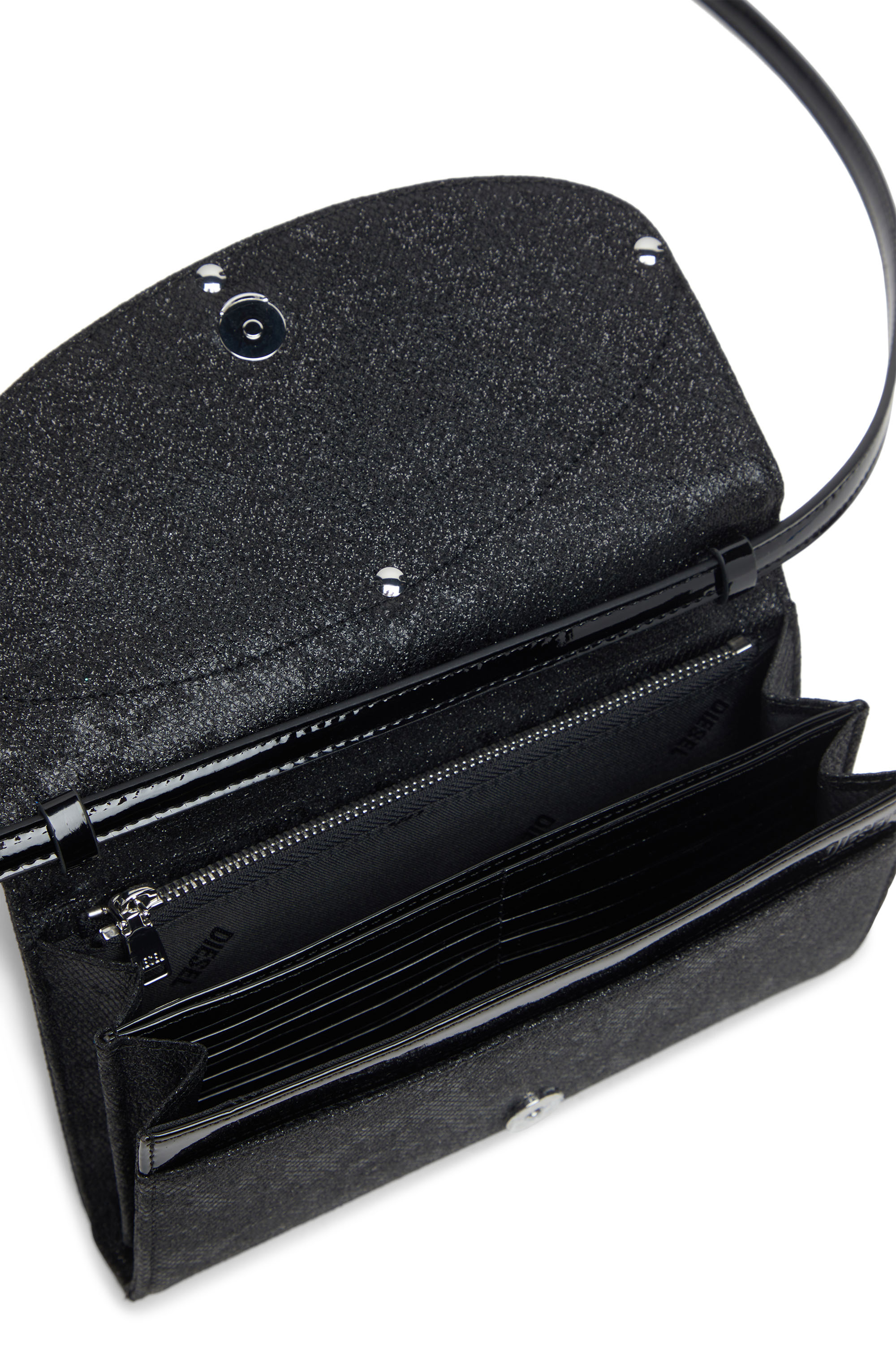 Diesel - 1DR WALLET STRAP, Woman's Wallet purse in glitter-camo Lurex in Black - 4
