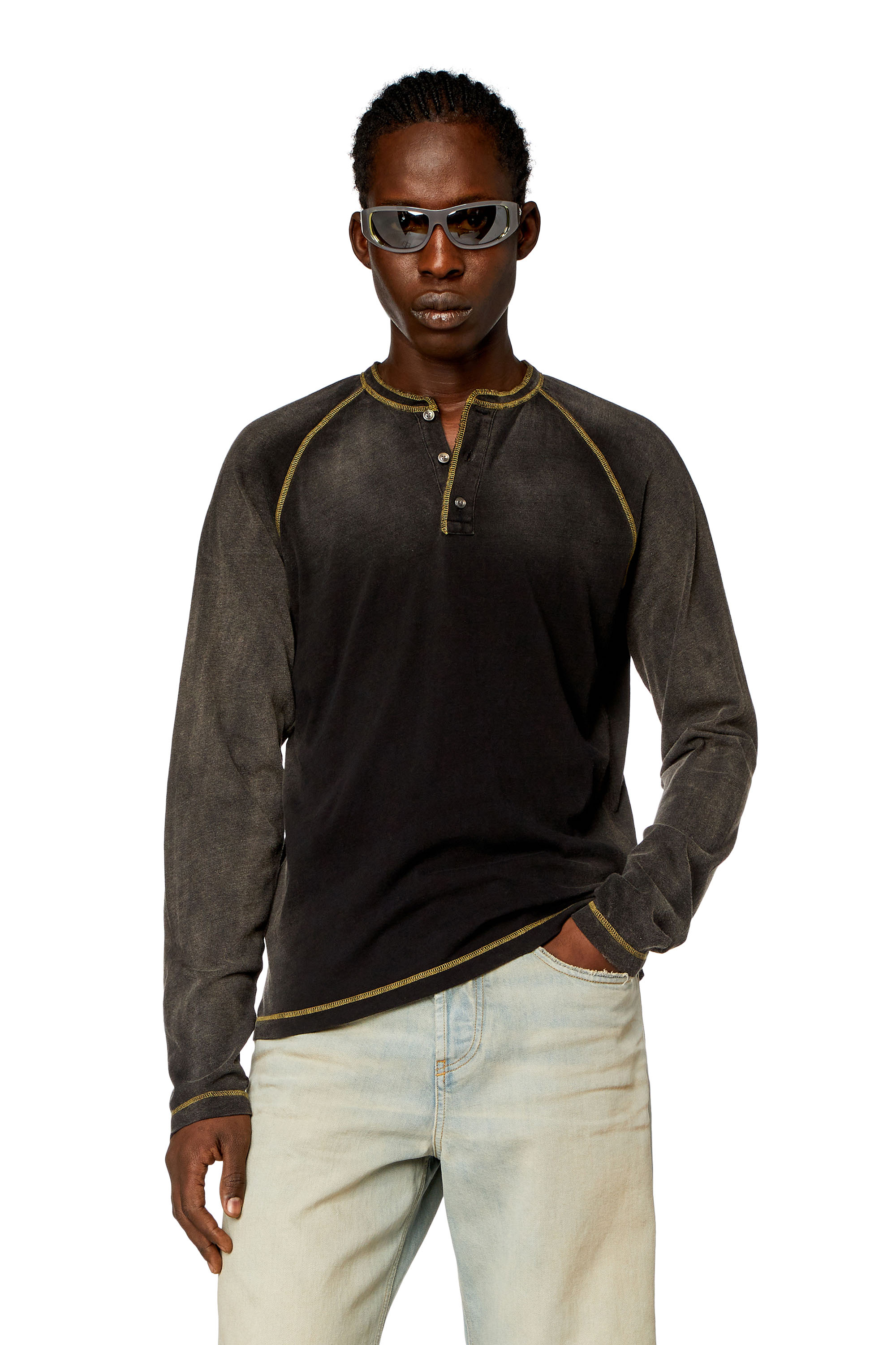 Diesel - T-RISY, Man's Henley T-shirt with sun-faded effect in Black - 3
