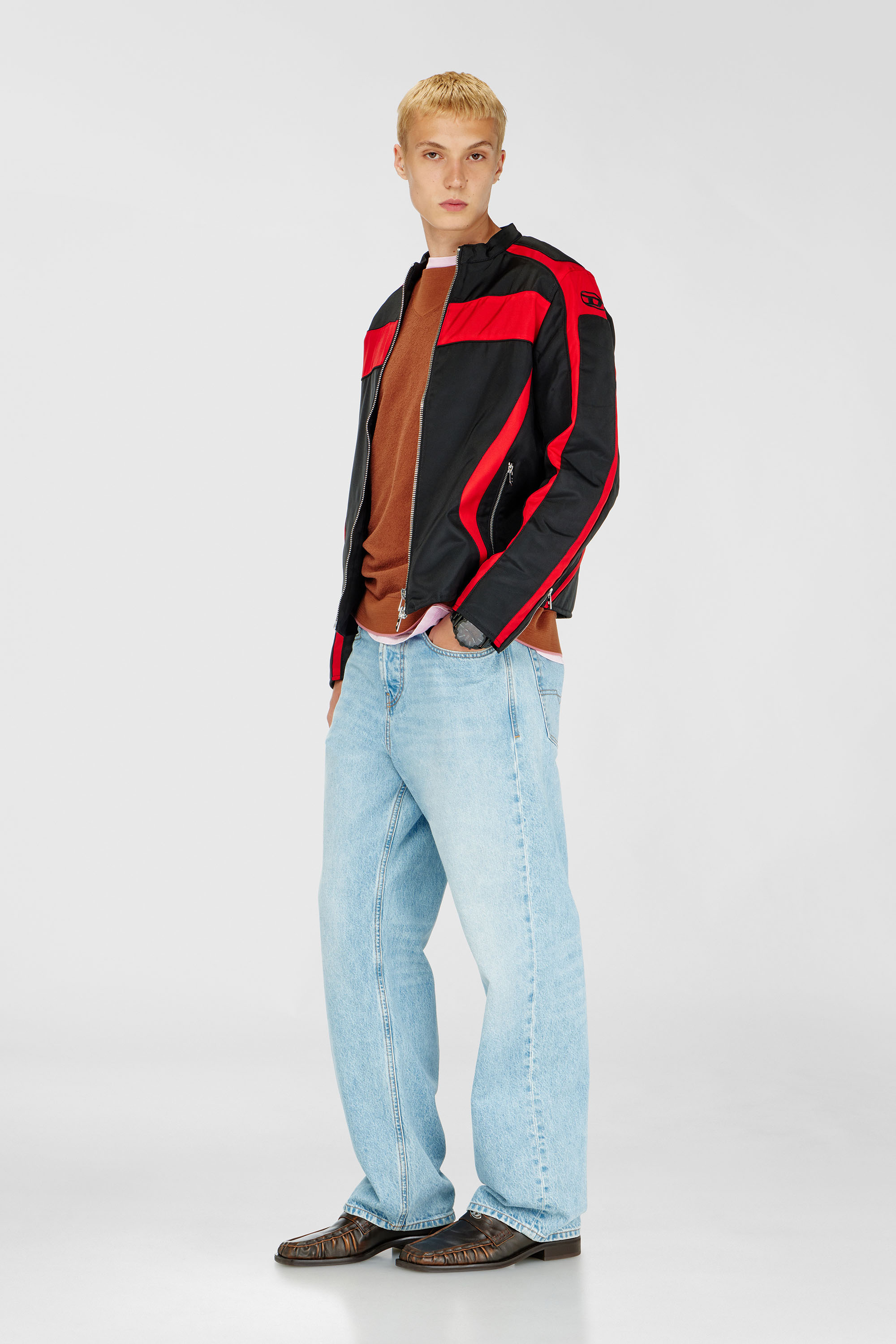 Diesel - J-ADAM-PDAI, Man's Biker jacket in colour-block canvas in Black/Red - 2