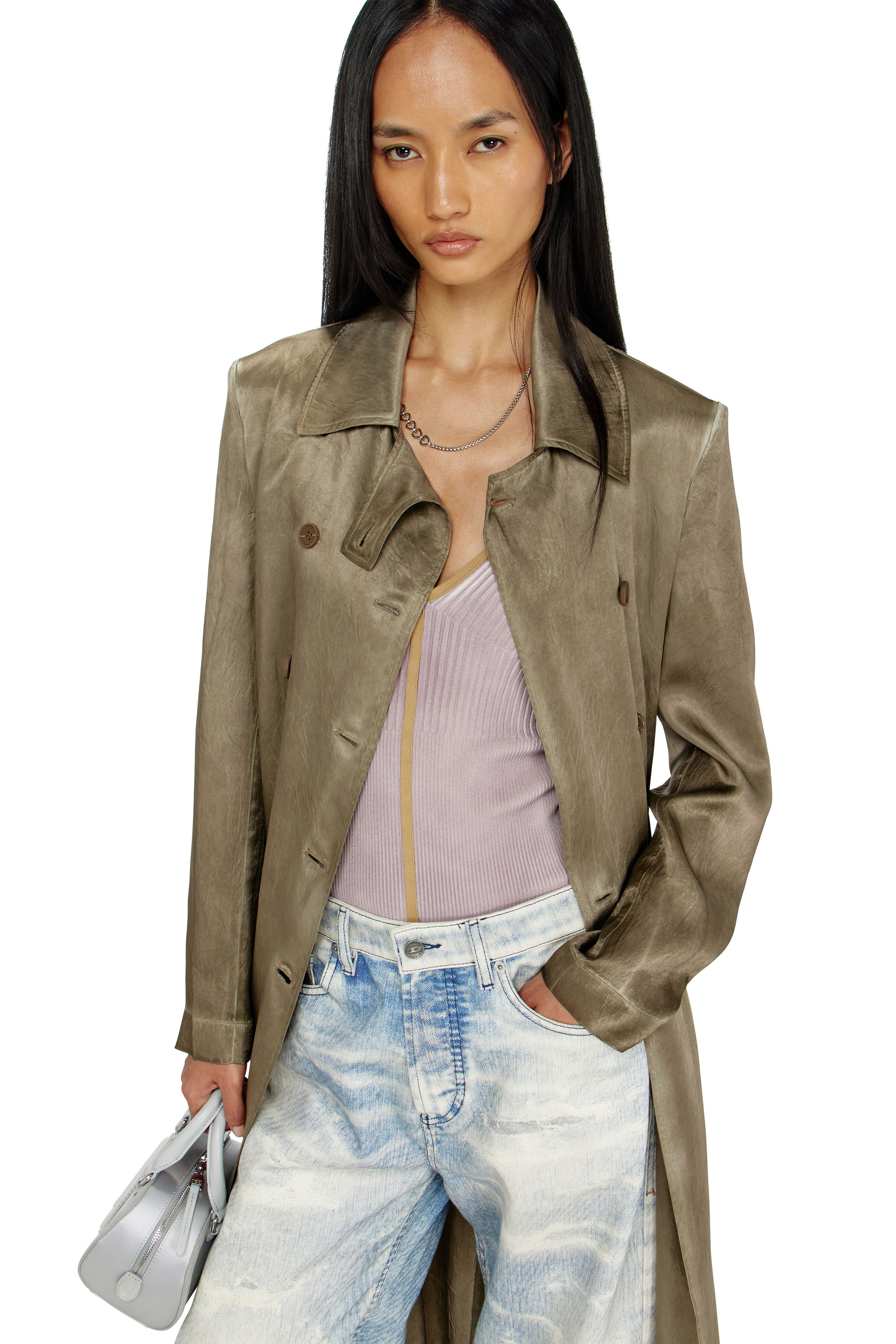 Diesel - G-LADES, Woman's Trench coat in wrinkled satin in Light Brown - 6