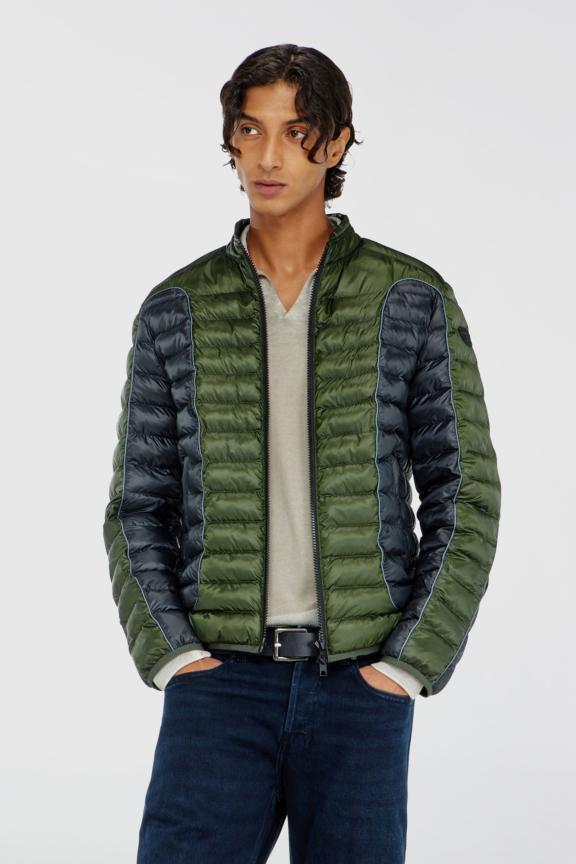 Diesel - W-PILOT-BLOCK, Man's Biker-style puffer jacket with colour-block design in Grey/Green - 1