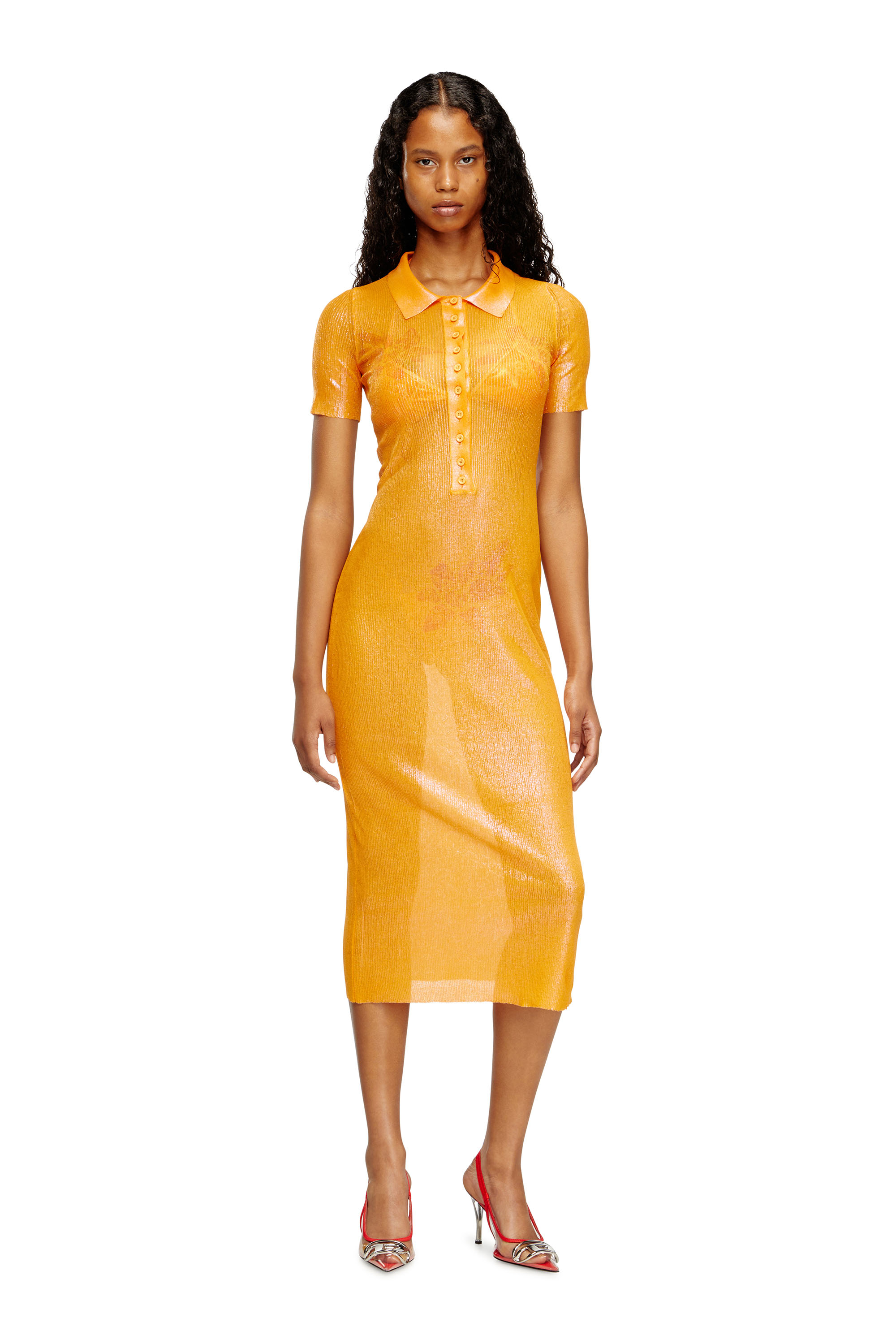 Diesel - L_Tina 4eva Dress, Woman's Iridescent knit polo dress with lotus print in Orange - 3