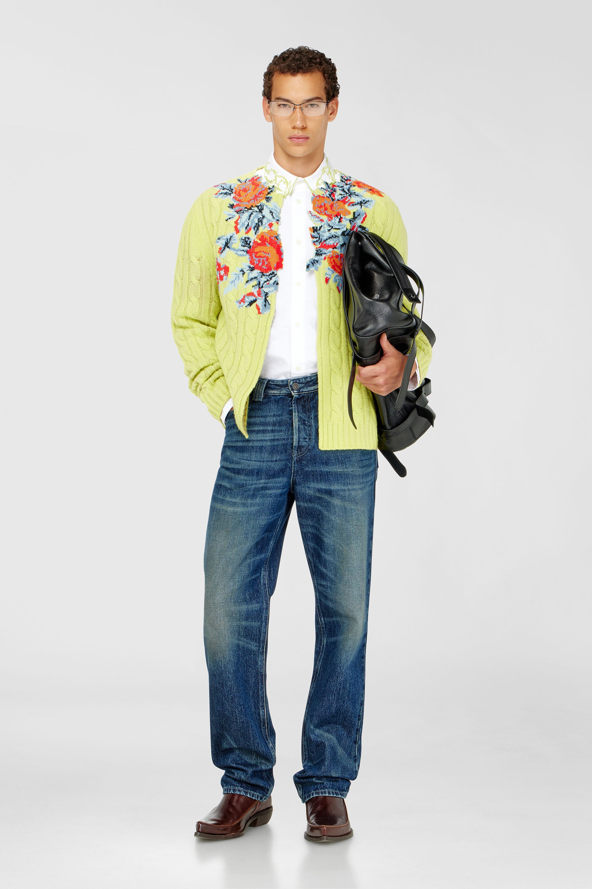 Diesel - K-RINO, Man's Open-front cardigan in floral cable knit in Yellow Fluo - 2