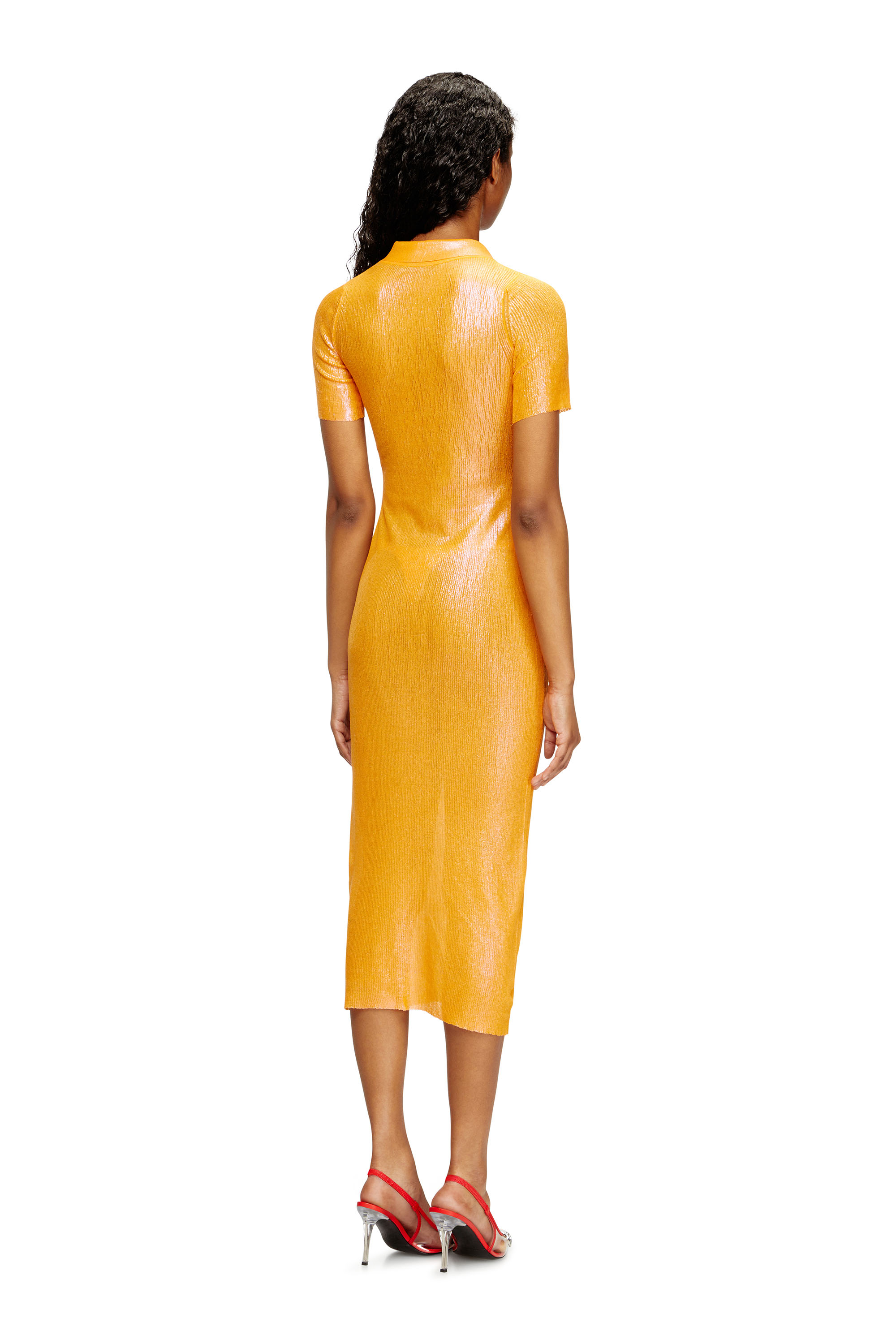 Diesel - L_Tina 4eva Dress, Woman's Iridescent knit polo dress with lotus print in Orange - 4