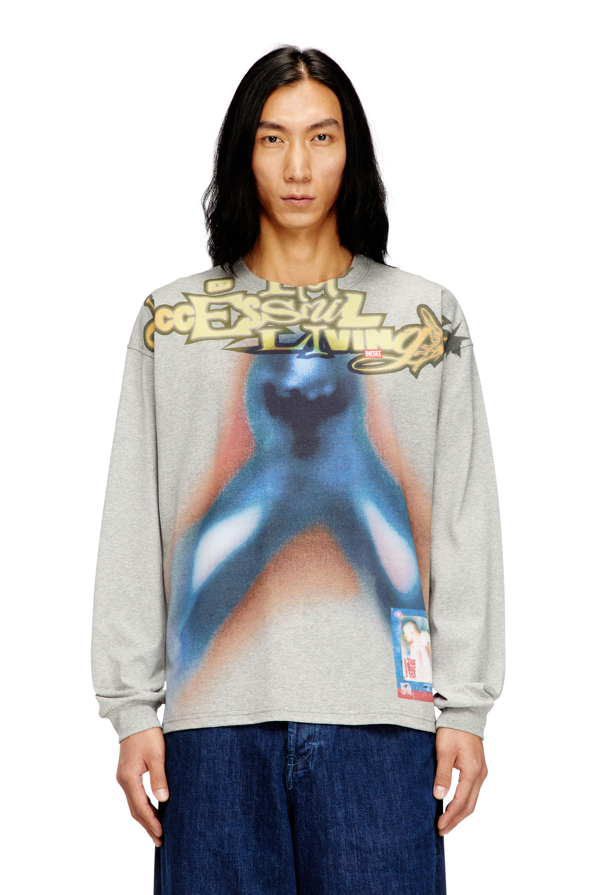 Diesel - T-BOXT-LS-V1, Man's Cotton T-shirt with digital print in Blue/Grey - 1