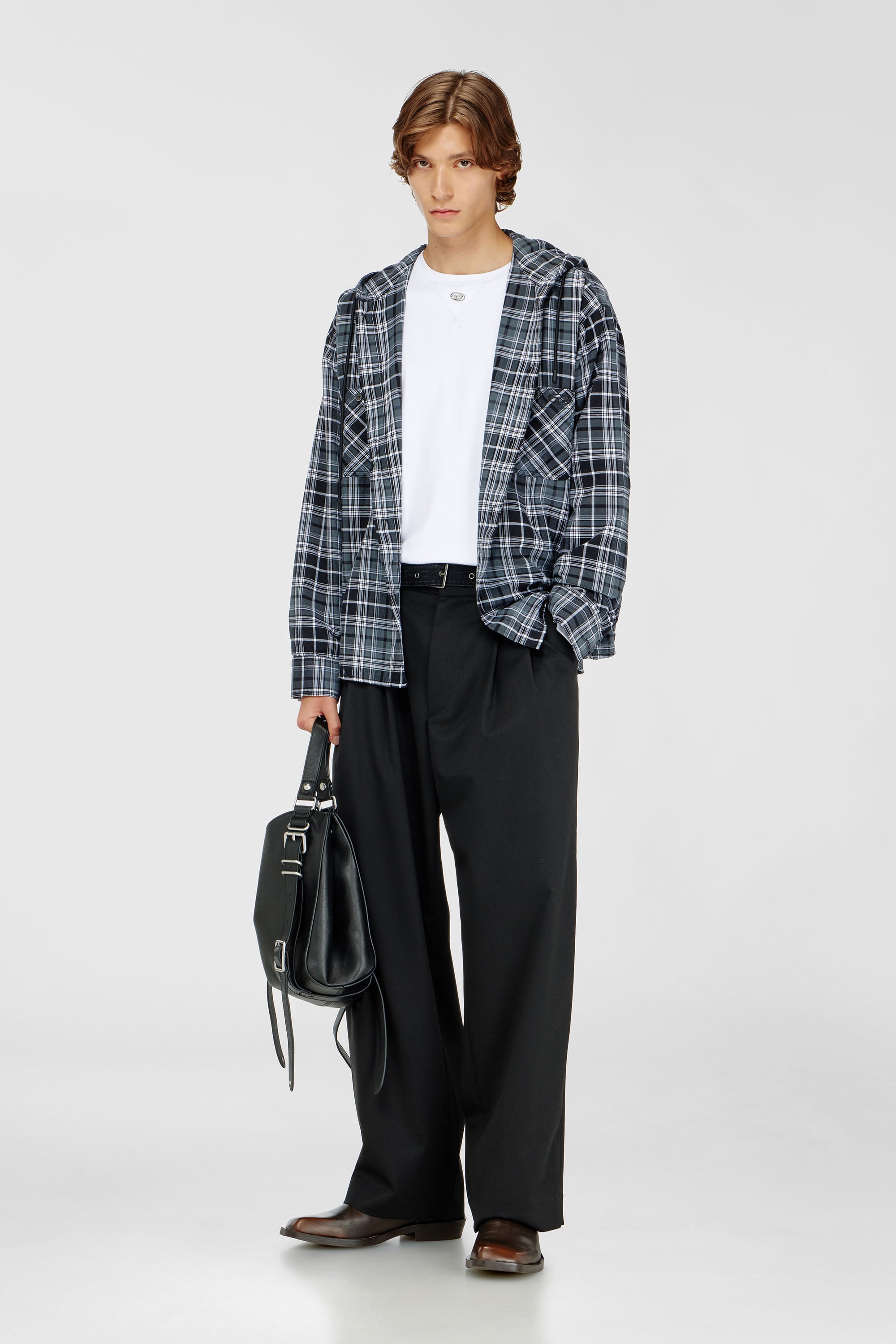 Diesel - S-DRUM-HOODY-DGBT, Man's Hooded shirt in check flannel in Black/White - 2