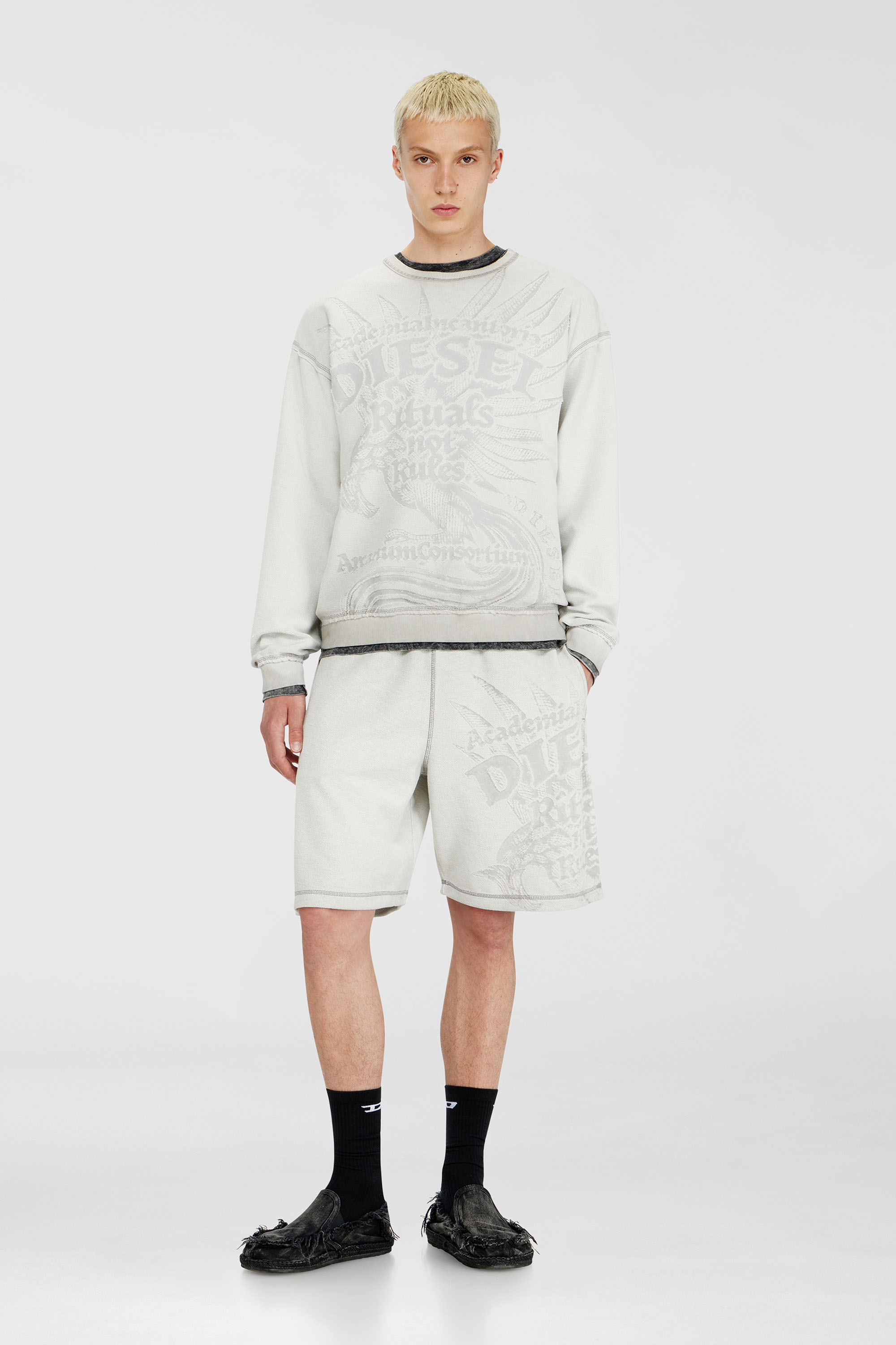 Diesel - P-RAWCROW, Man's Sweatshorts with d&eacute;vor&eacute; motifs in Light Grey - 2