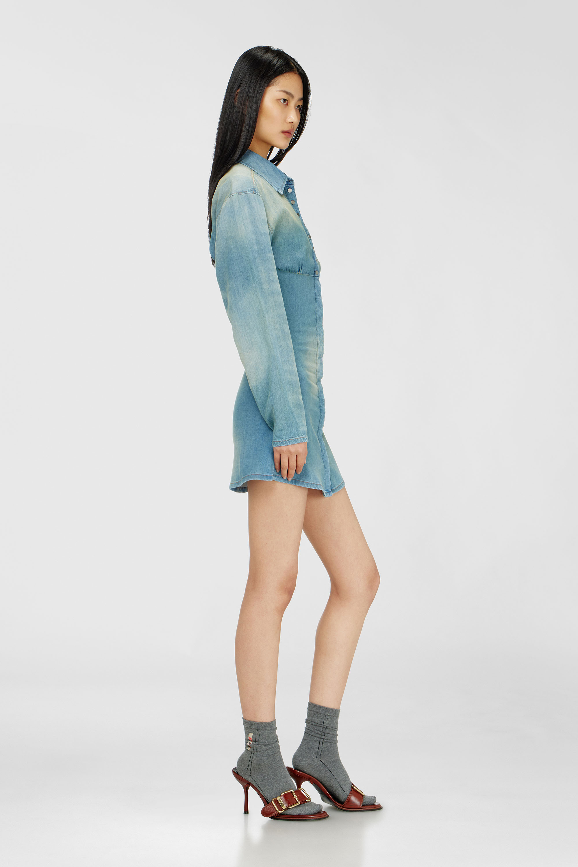 Diesel - DE-VIOLIM-S, Woman's Denim mini shirt dress with sectioned design in Light Blue - 1