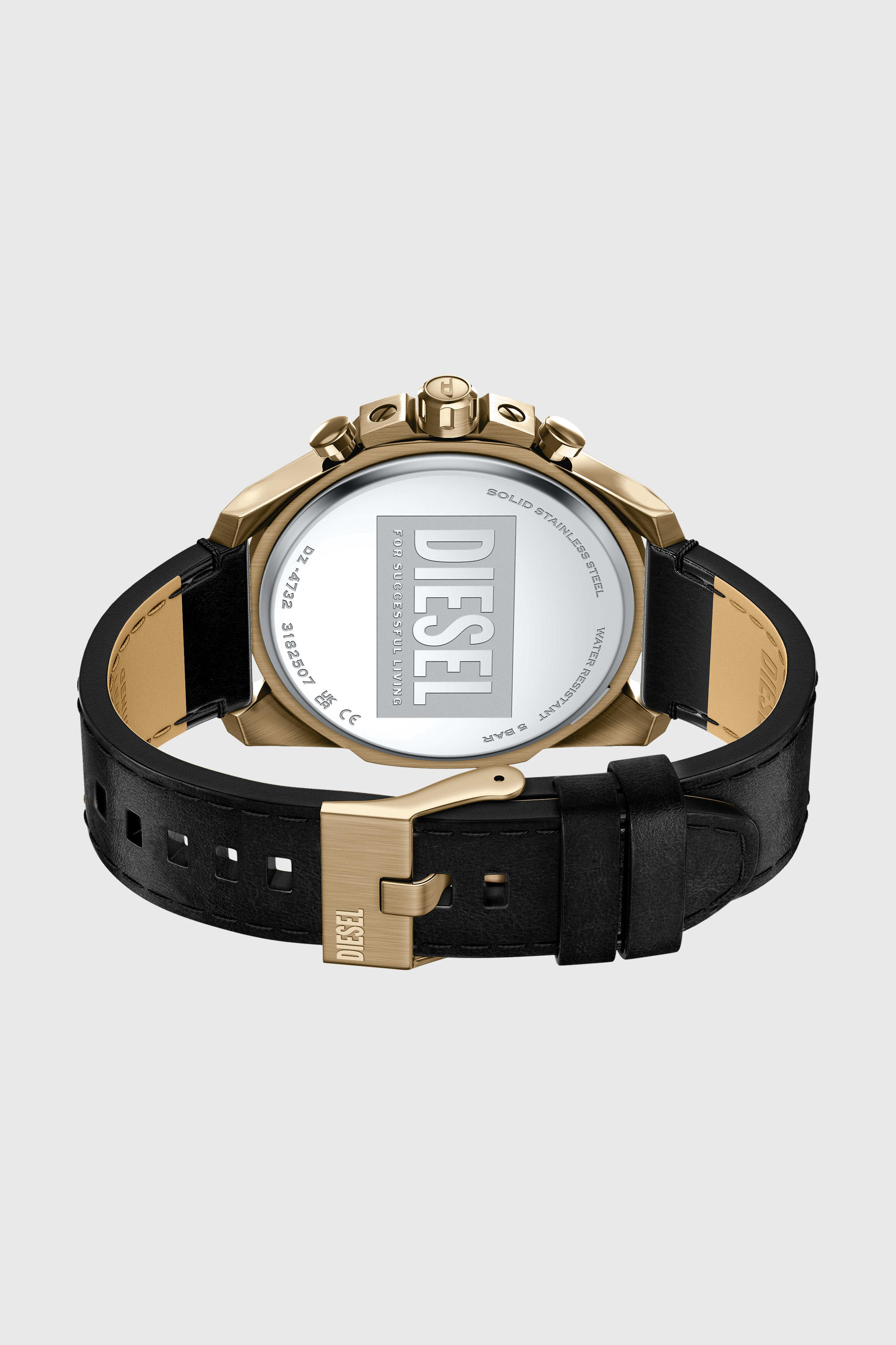 Diesel - DZ4732 WATCH, Man's Mega Chief Slim antique gold-tone black leather watch in Black - 5