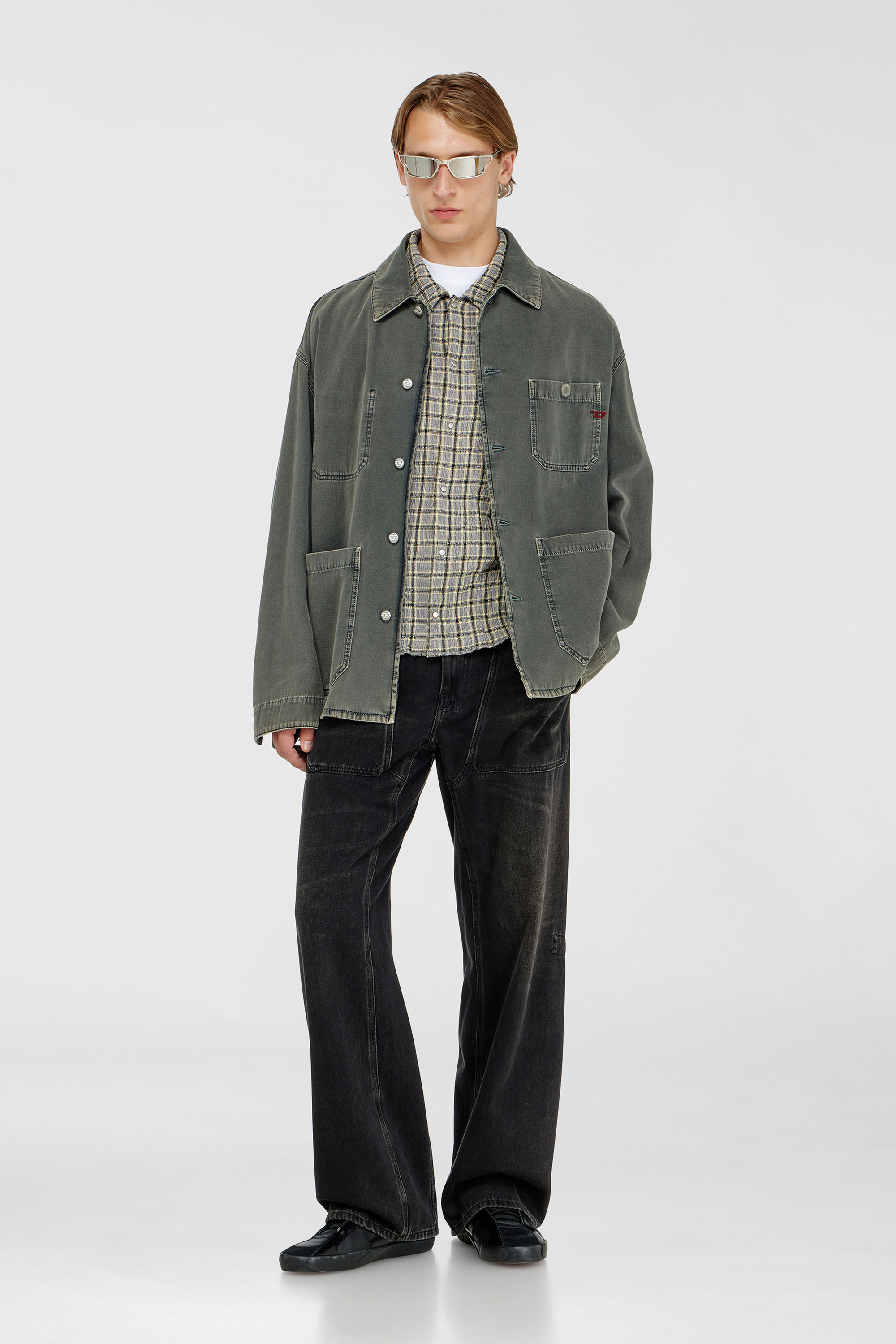 Diesel - S-SEERK, Man's Check shirt with seersucker effect in Green/Grey - 2