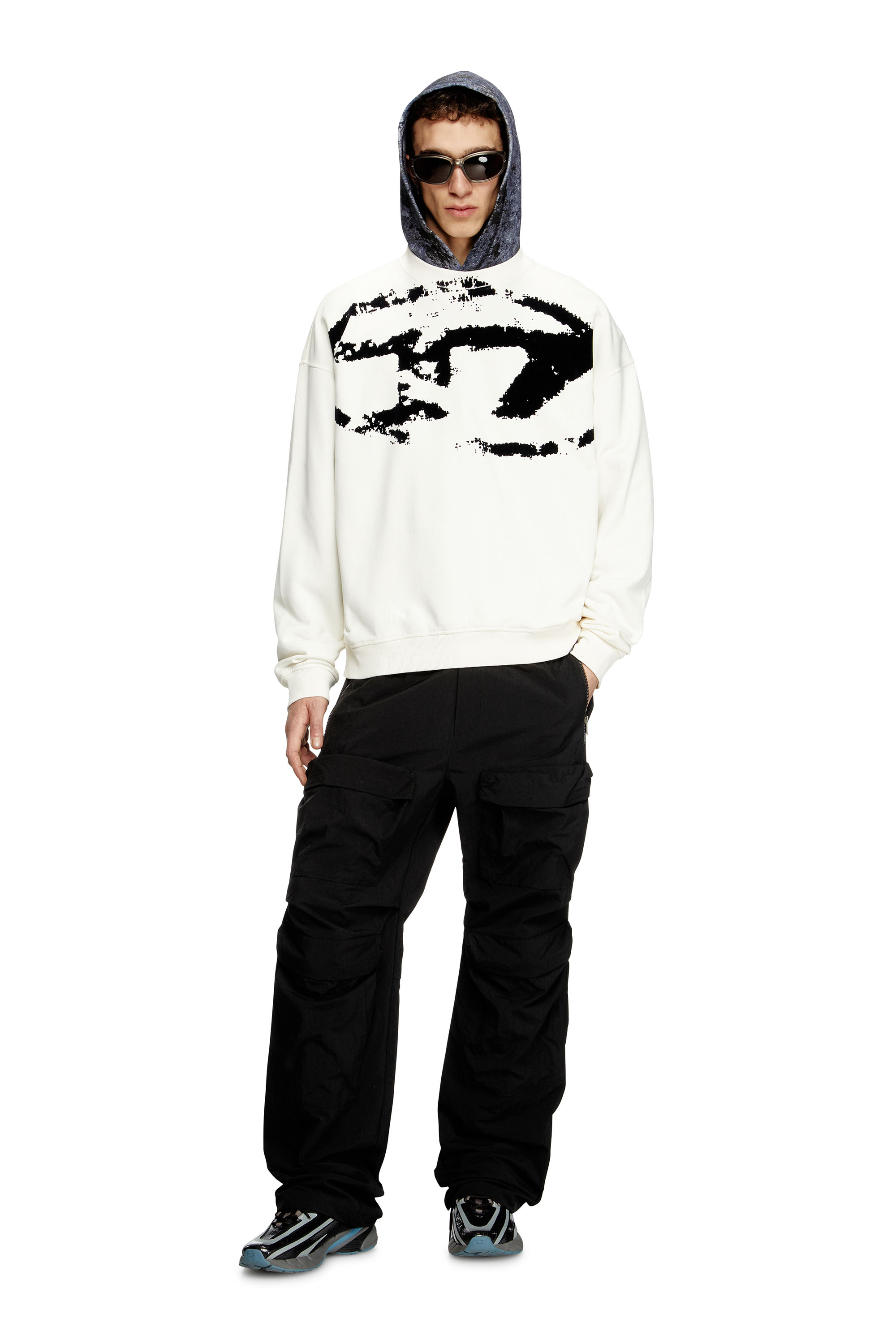 Diesel - S-BOXT-N5, Man's Sweatshirt with distressed flocked logo in White/Black - 1