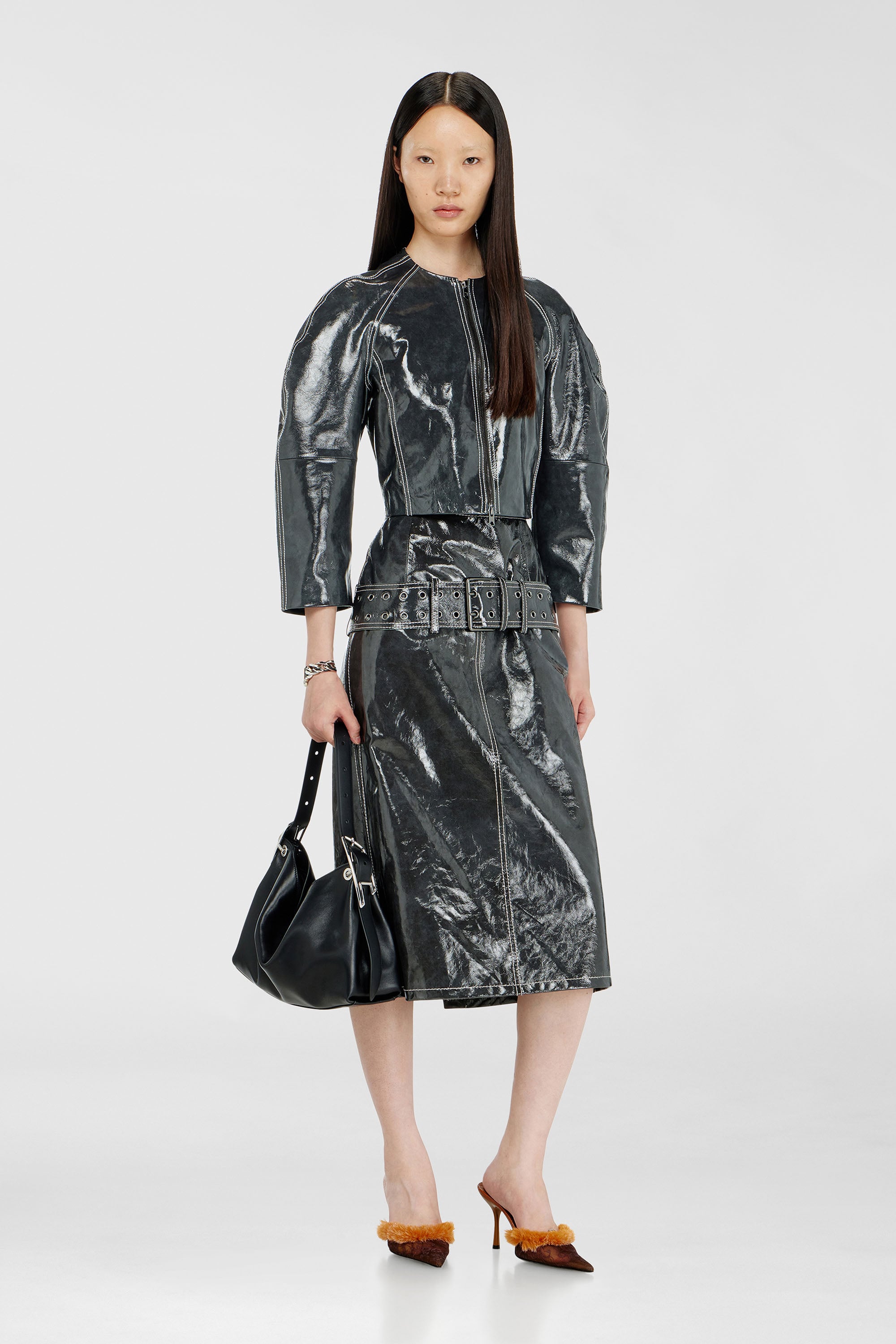 Diesel - L-ASCAR, Woman's Patent-leather midi skirt with belt in Dark grey - 2