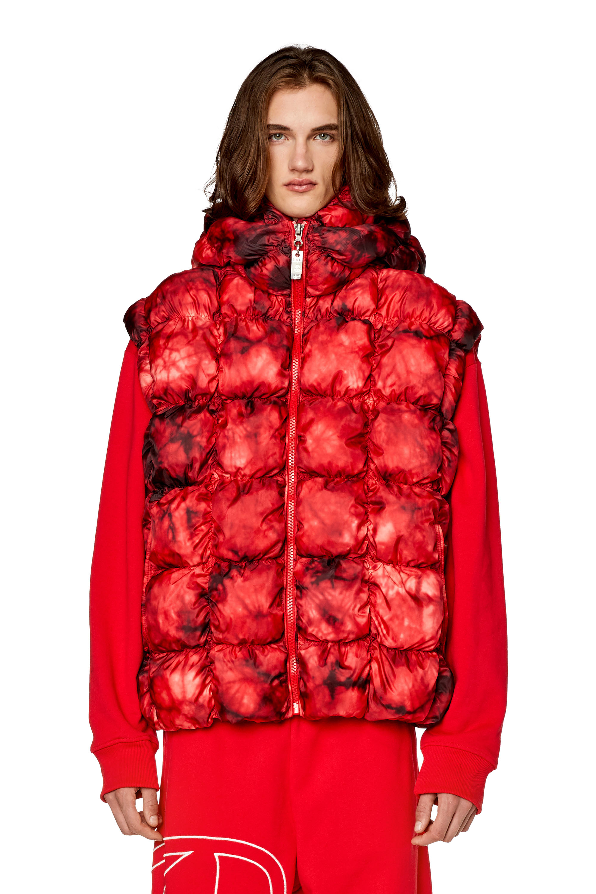 Diesel - W-RALLE-SL, Man's Padded vest jacket with hood in Red - 4