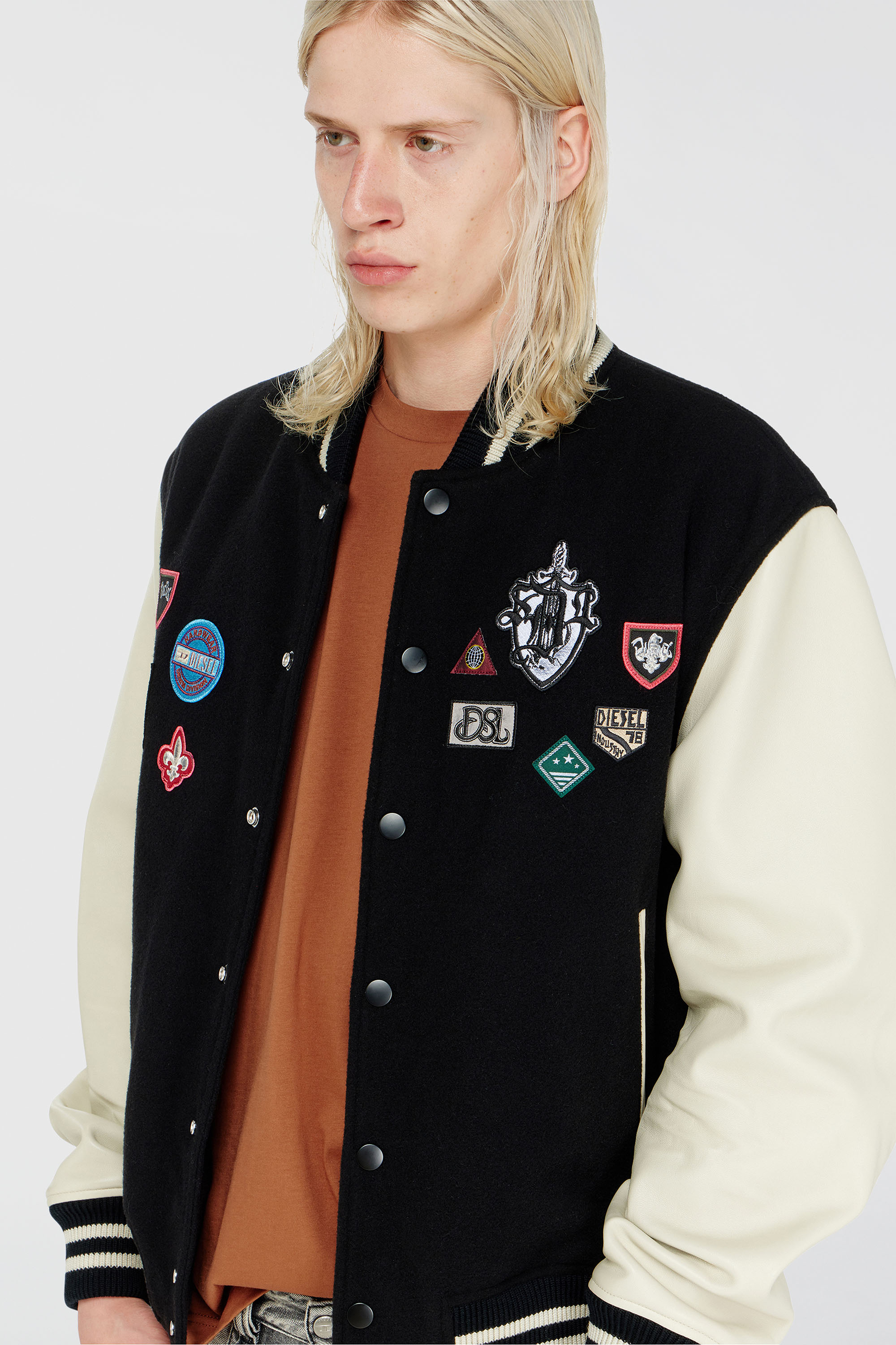Diesel - L-ARRY-PATCH, Man's Wool and leather bomber jacket with patches in White/Black - 6