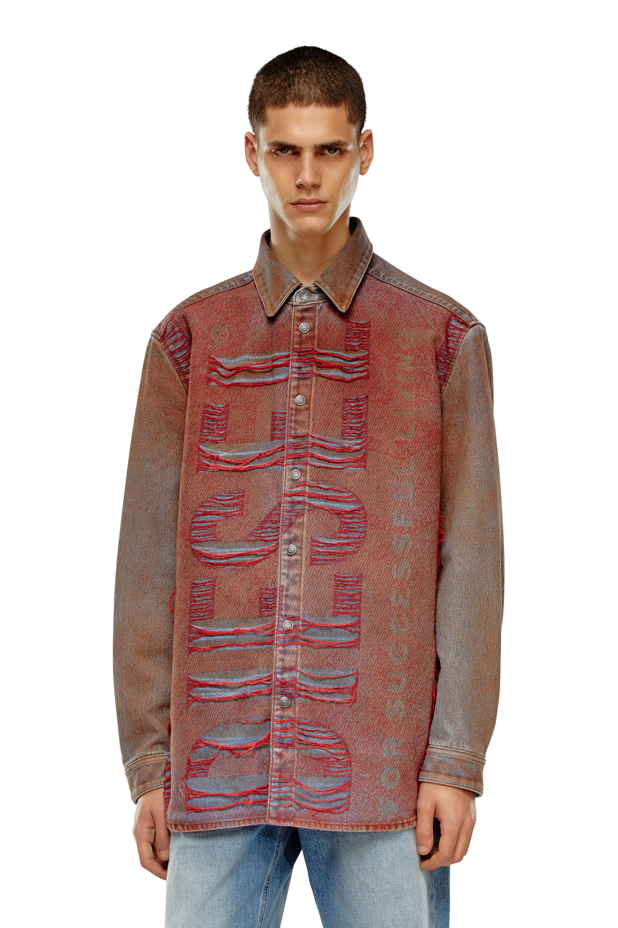 Diesel - D-SIMPLY-OVER-S, Man's Denim shirt with jacquard logo in Blue/Red - 6