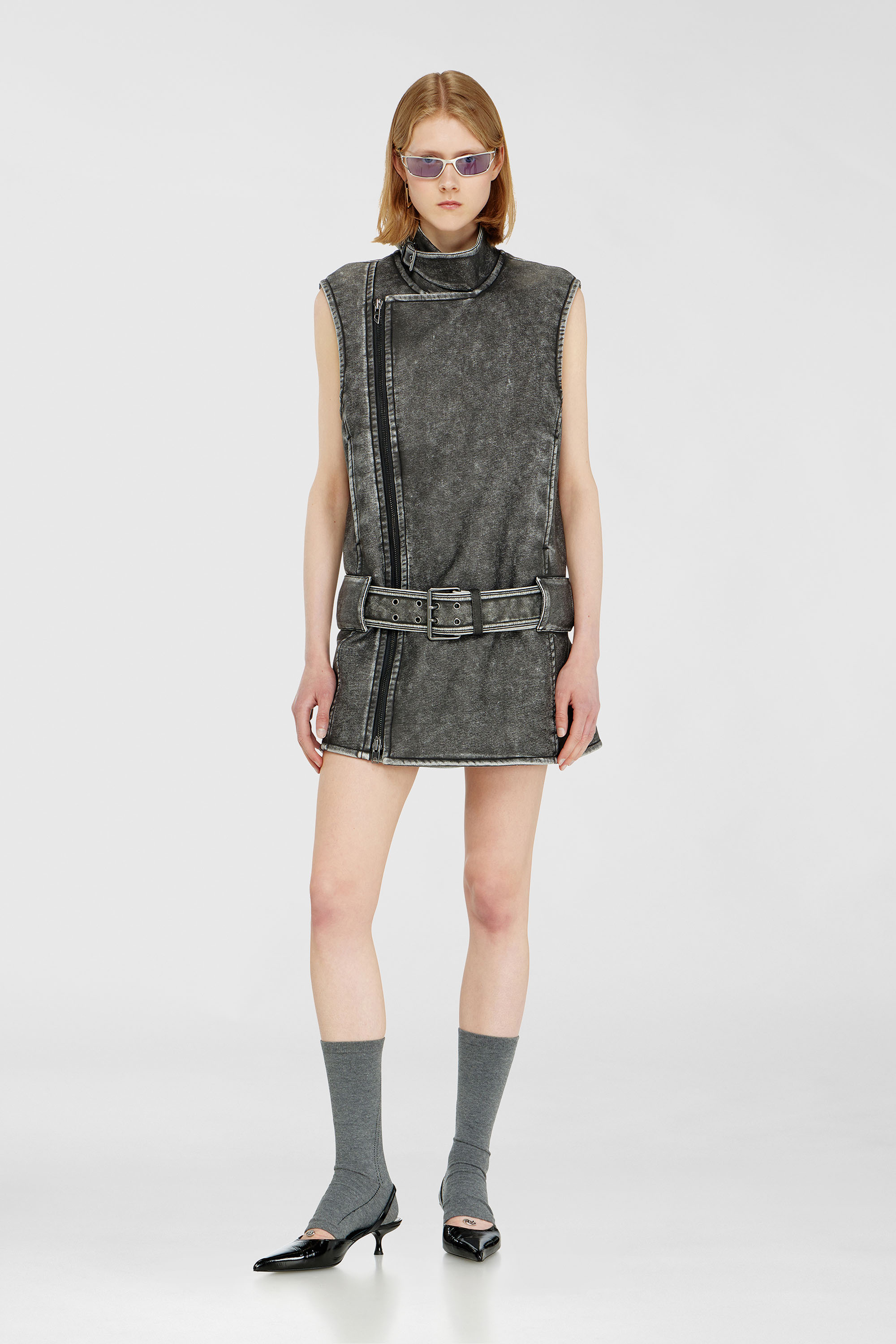 Diesel - D-IKE, Woman's Biker-style mini dress with belt in Grey - 1