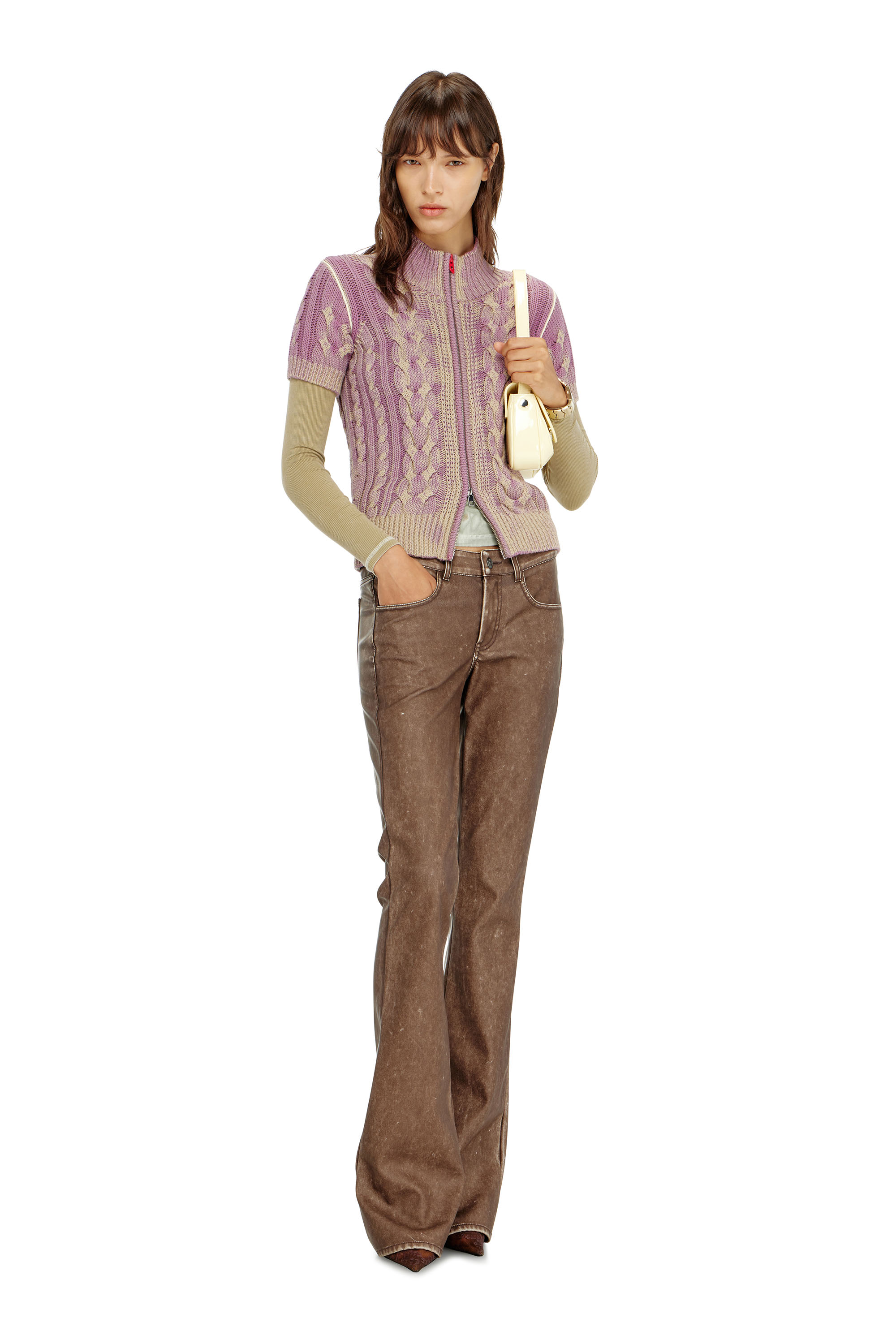 Diesel - M-ELANA, Woman's Short-sleeve zip cardigan in cable knit in Beige/Violet - 1
